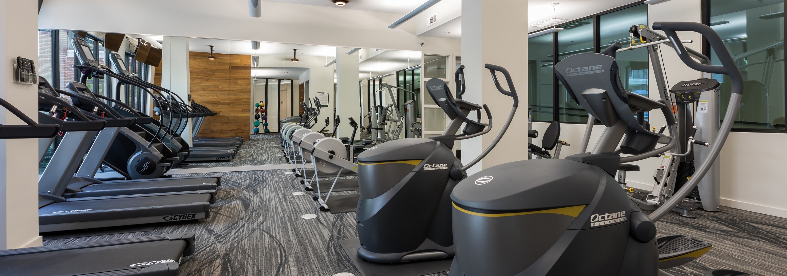 Fitness center at AMLI Frisco Crossing with treadmills, other cardio machines, gray patterned carpet and white pillars