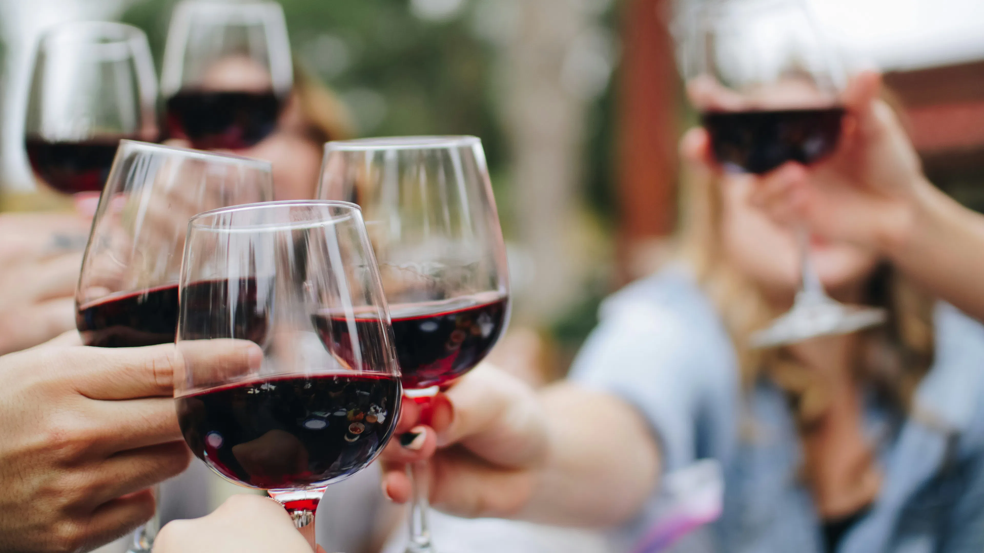 A group of six people in the midst of clinking wine glasses together with red wine