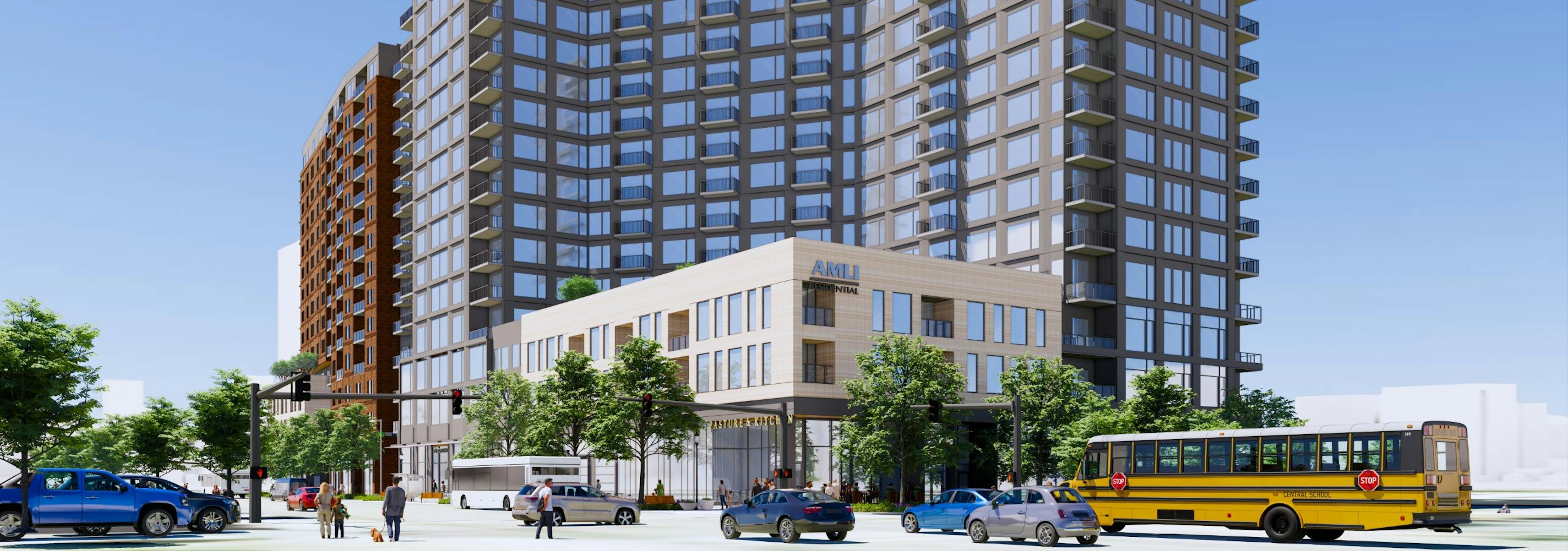 A rendering of AMLI Golden Triangle apartment building with retail space on the ground level surrounded by pedestrians and street traffic