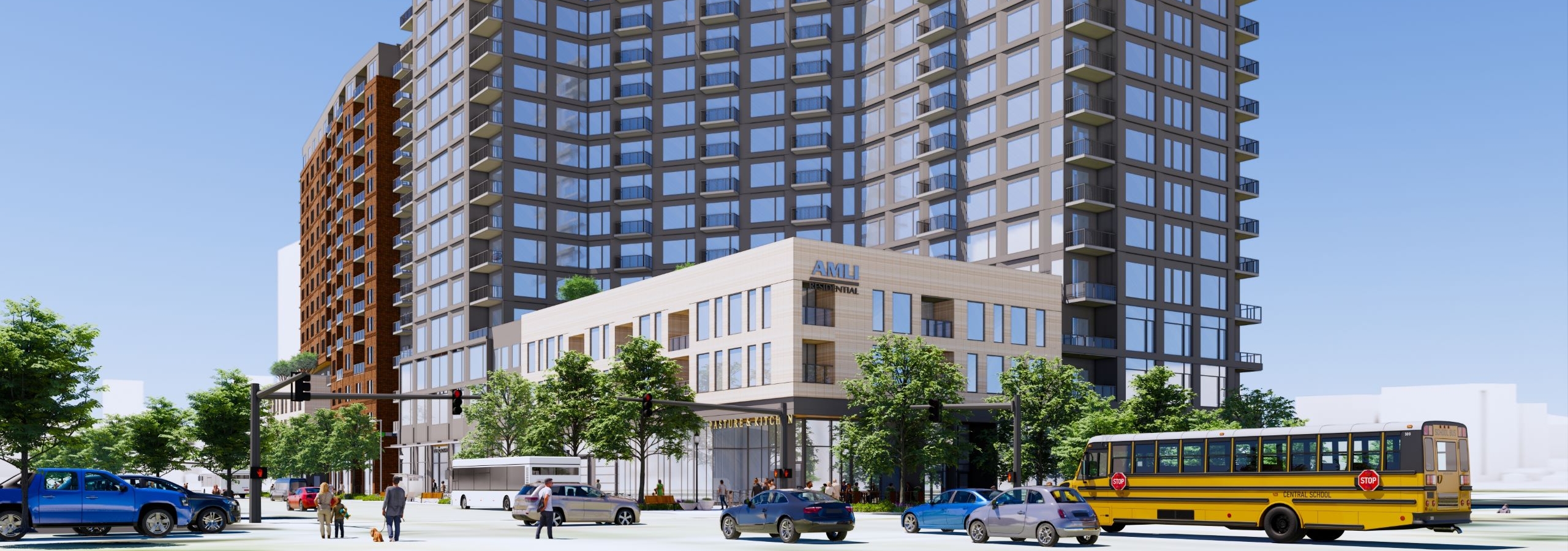 A rendering of AMLI Golden Triangle apartment building with retail space on the ground level surrounded by pedestrians and street traffic