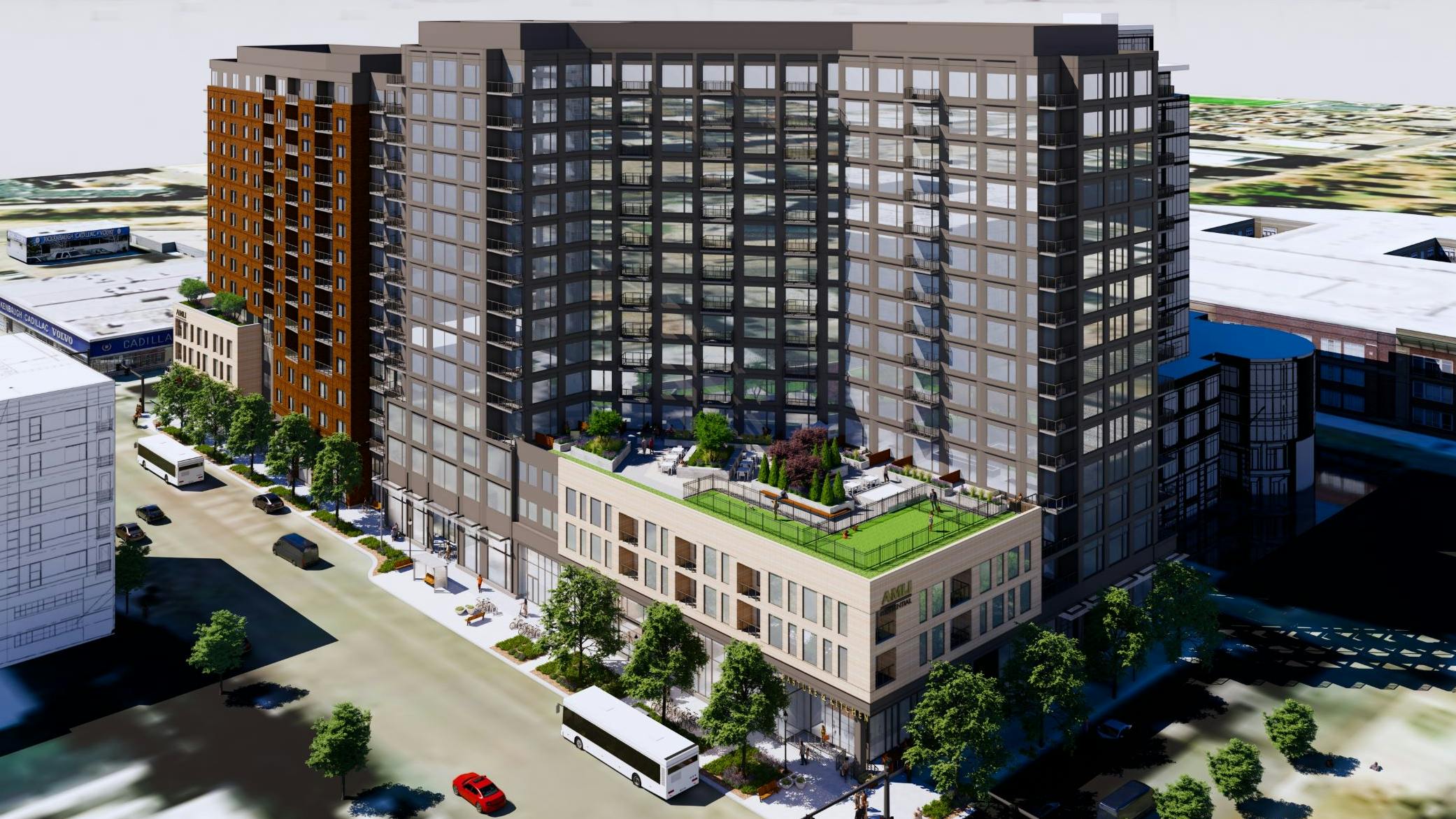 A rendering of AMLI Golden Triangle apartment community set on a street corner with green rooftop on fourth floor