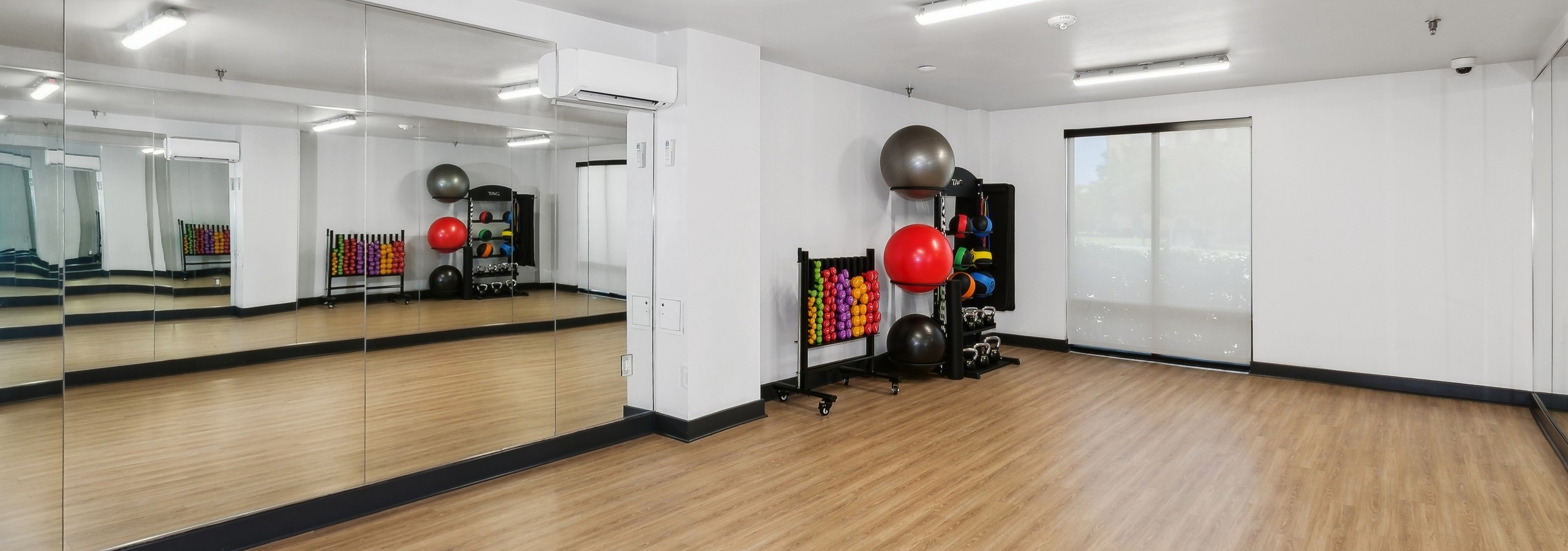 Brightly lit fitness center with wood flooring and floor to ceiling mirrors with exercise balls and free weights at AMLI Addison apartments