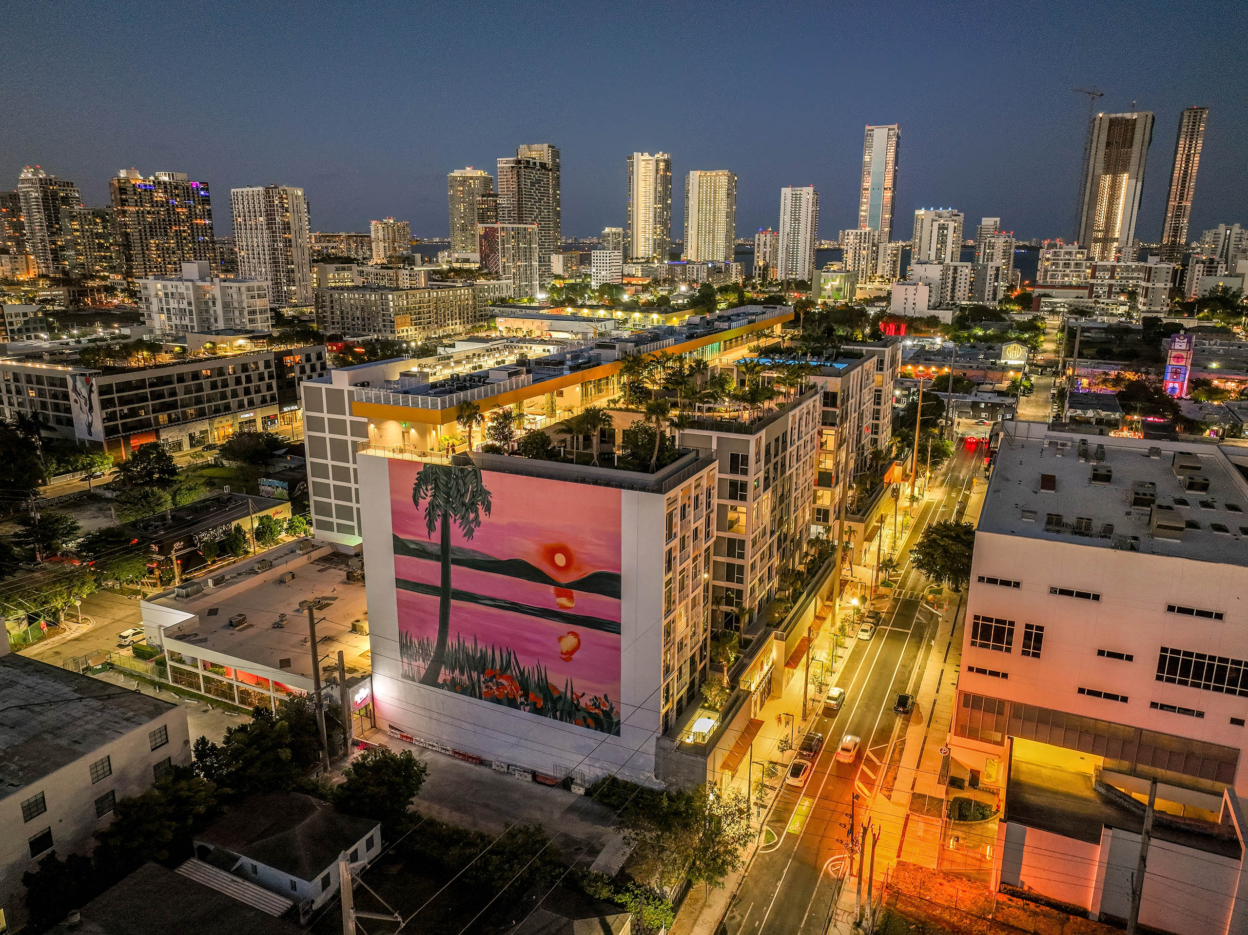 Aerial nighttime view of buildings at AMLI Wynwood apartments showing a large colorful mural of a palm tree on the building façade
