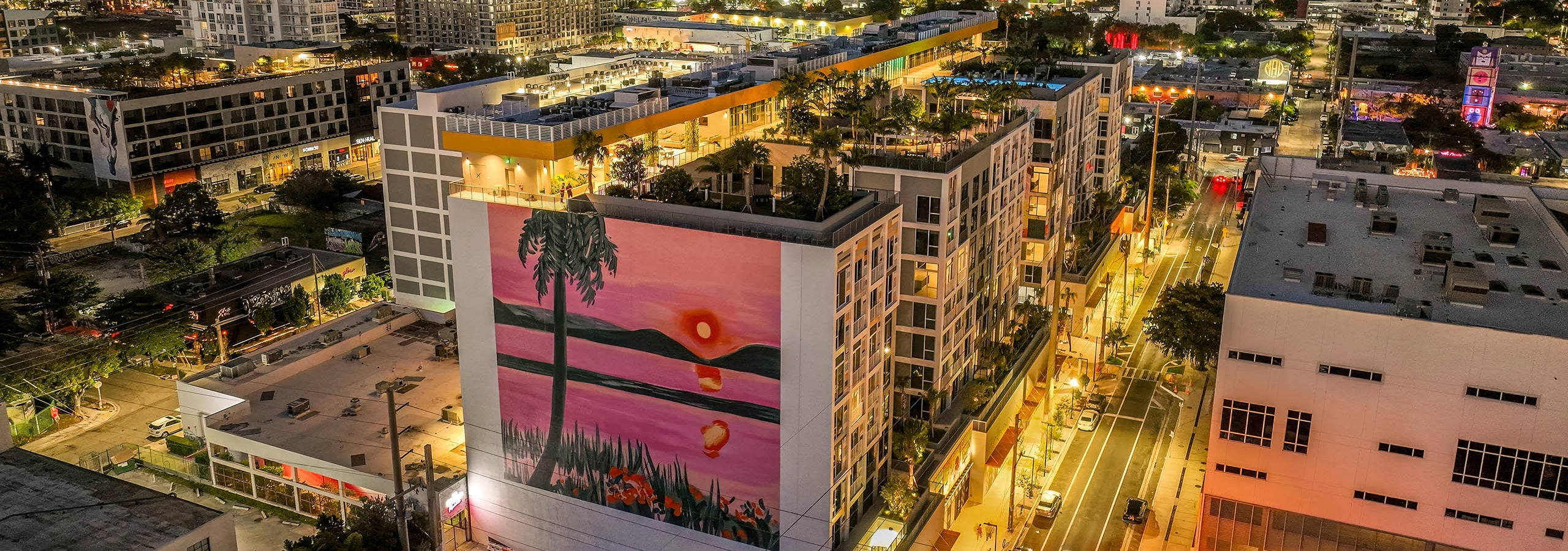 Aerial nighttime view of buildings at AMLI Wynwood apartments showing a large colorful mural of a palm tree on the building façade