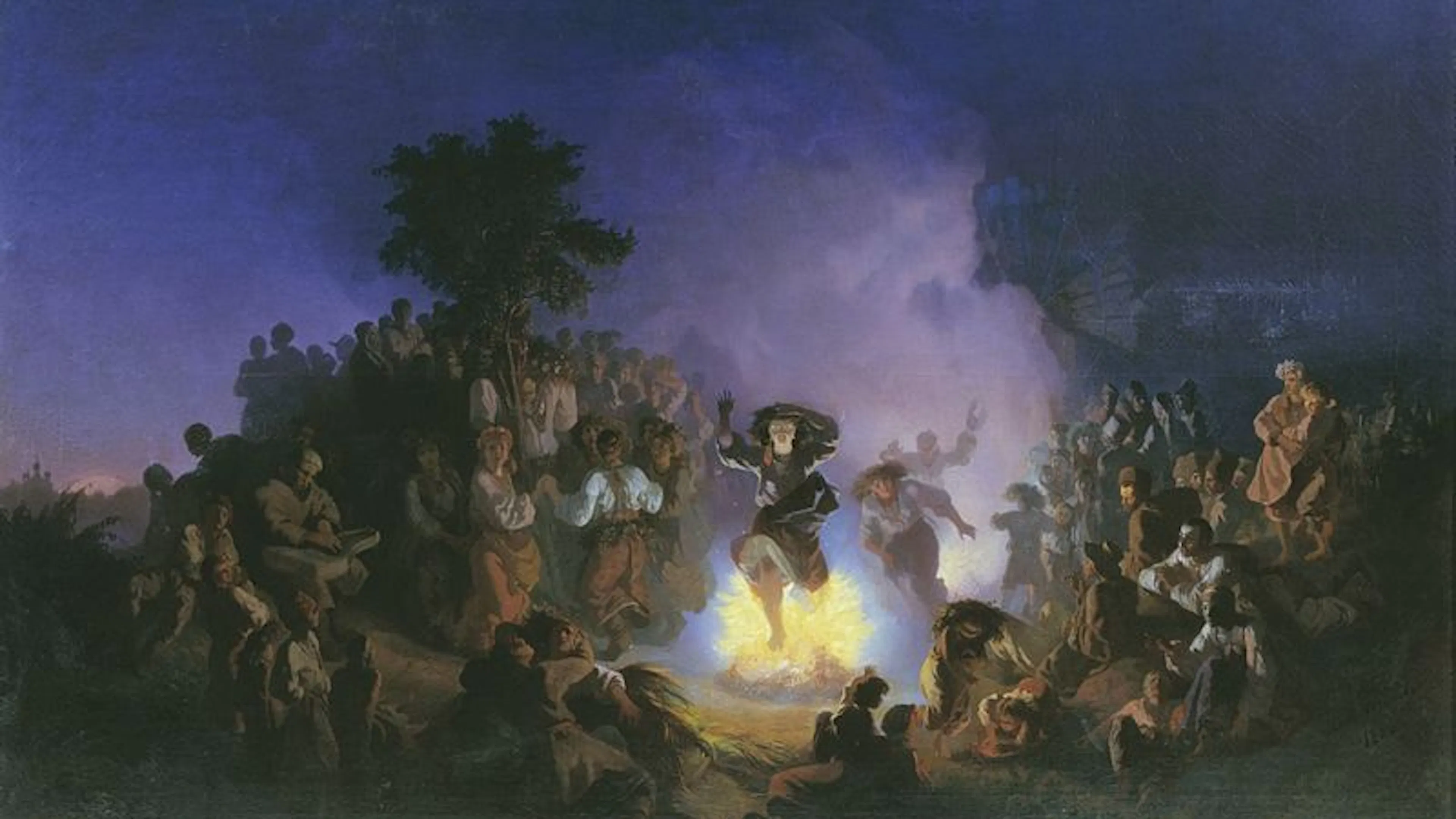 A painting depicting a young man and young woman jumping over a bonfire surrounded by a large crowd at night time