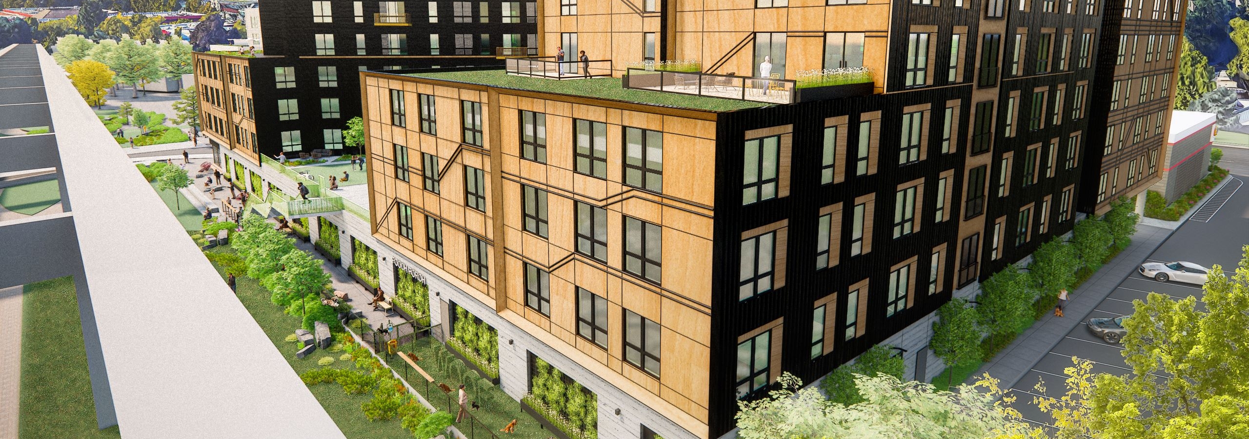 Aerial view rendering of AMLI Redmond Way six story apartment building with brown and tan exterior surrounded by trees and landscaped areas