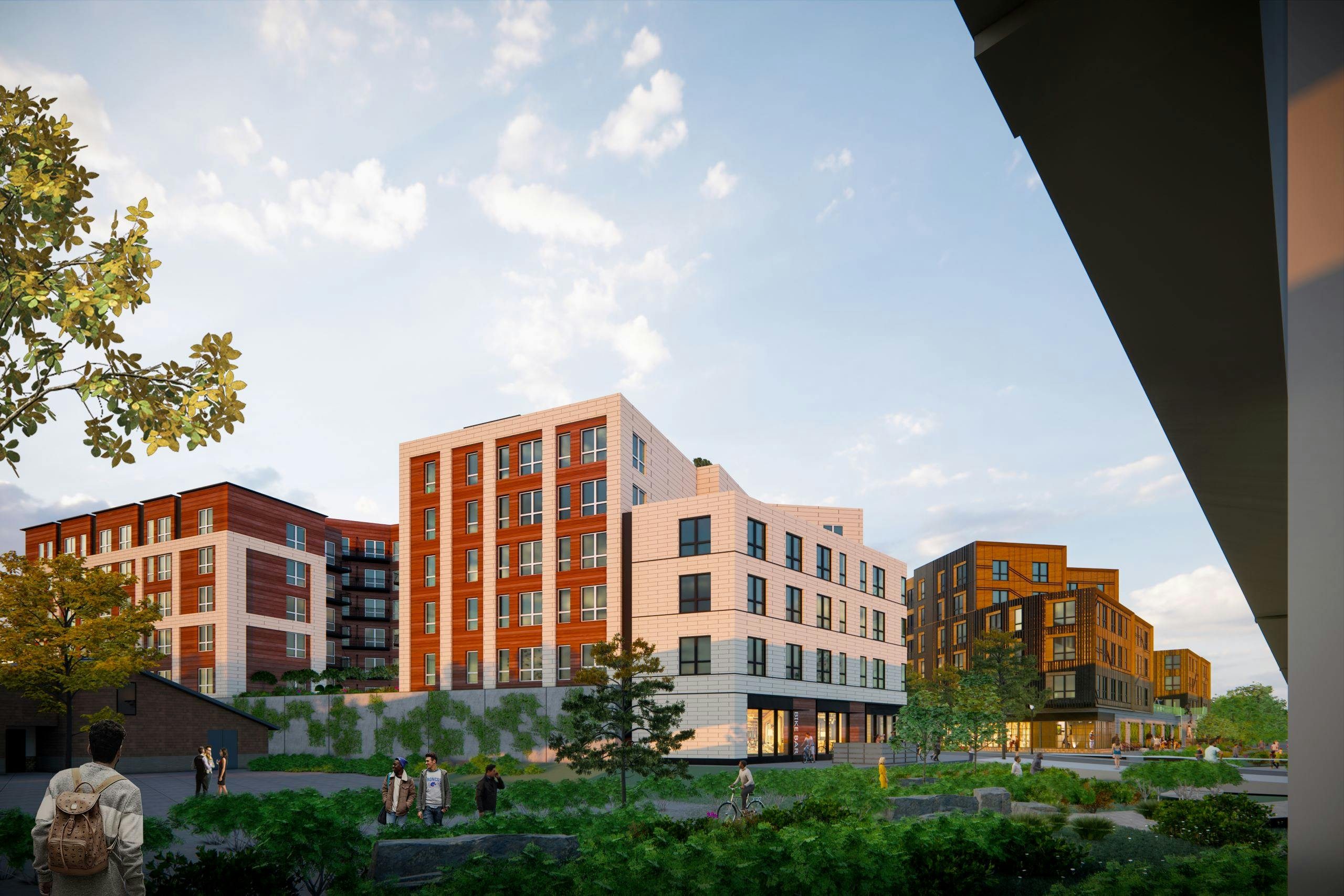Rendering of AMLI Redmond Way multi-story apartment buildings under a blue sky with scattered clouds and lush greenery and people walking