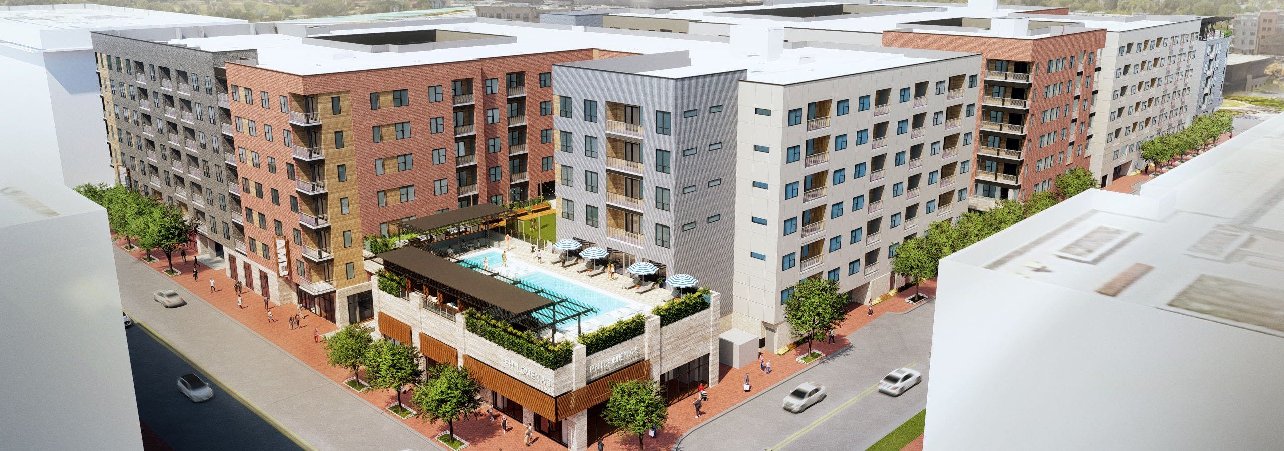 Rendering of AMLI Park Central building exteriors with rooftop pool displaying large cabanas and striped umbrellas