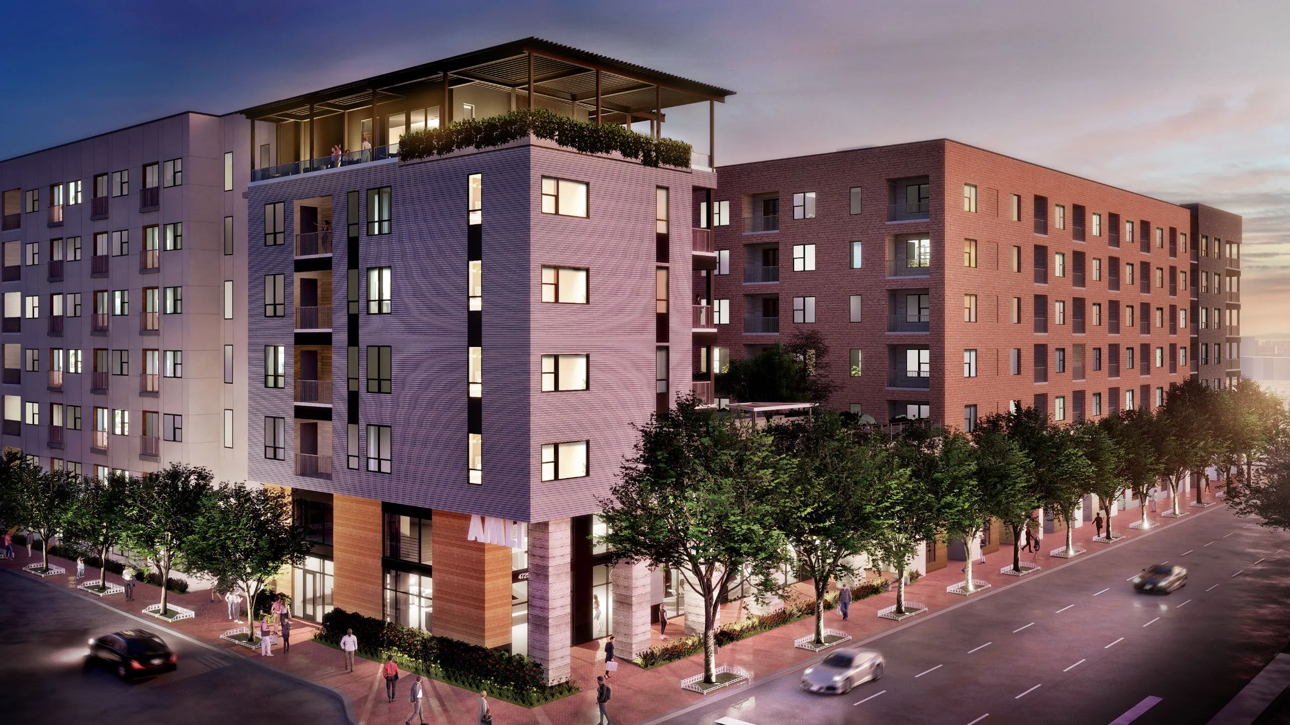A rendering of the exterior of the up and coming AMLI Park Central with warm earthen exteriors and tree lined sidewalks