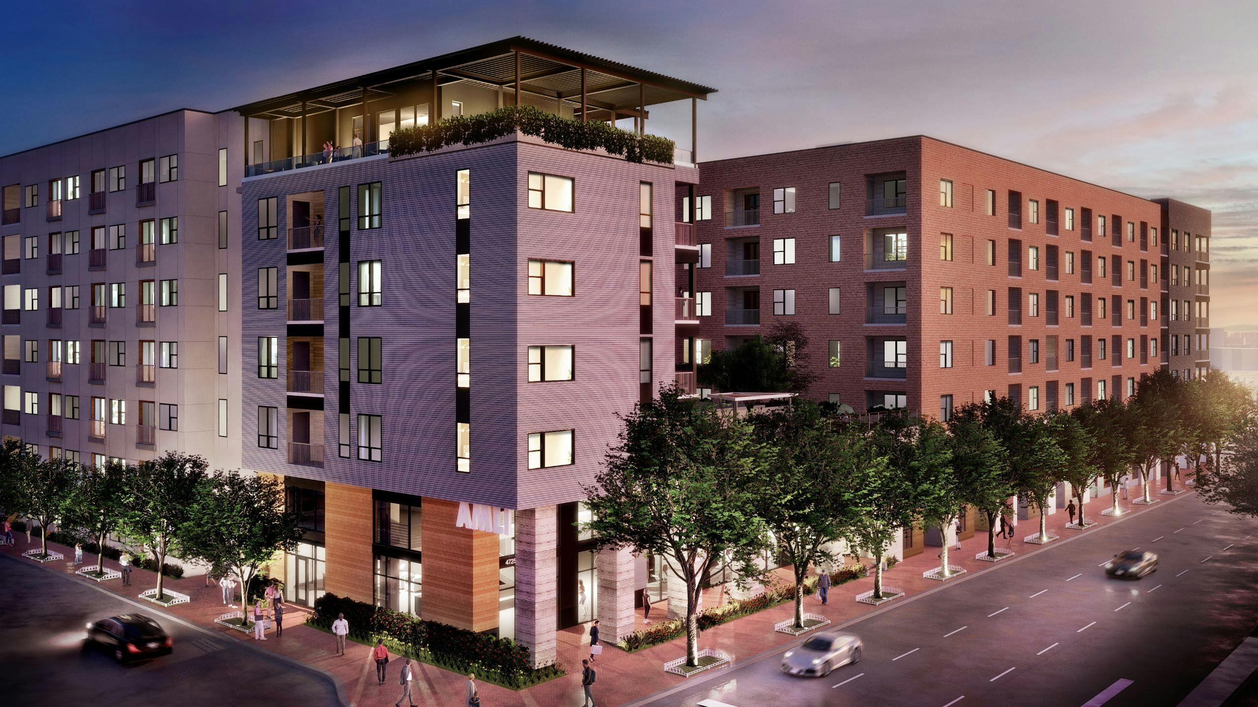 Renderings of dusk view of AMLI Park central six story apartment building and peek of rooftop cabana