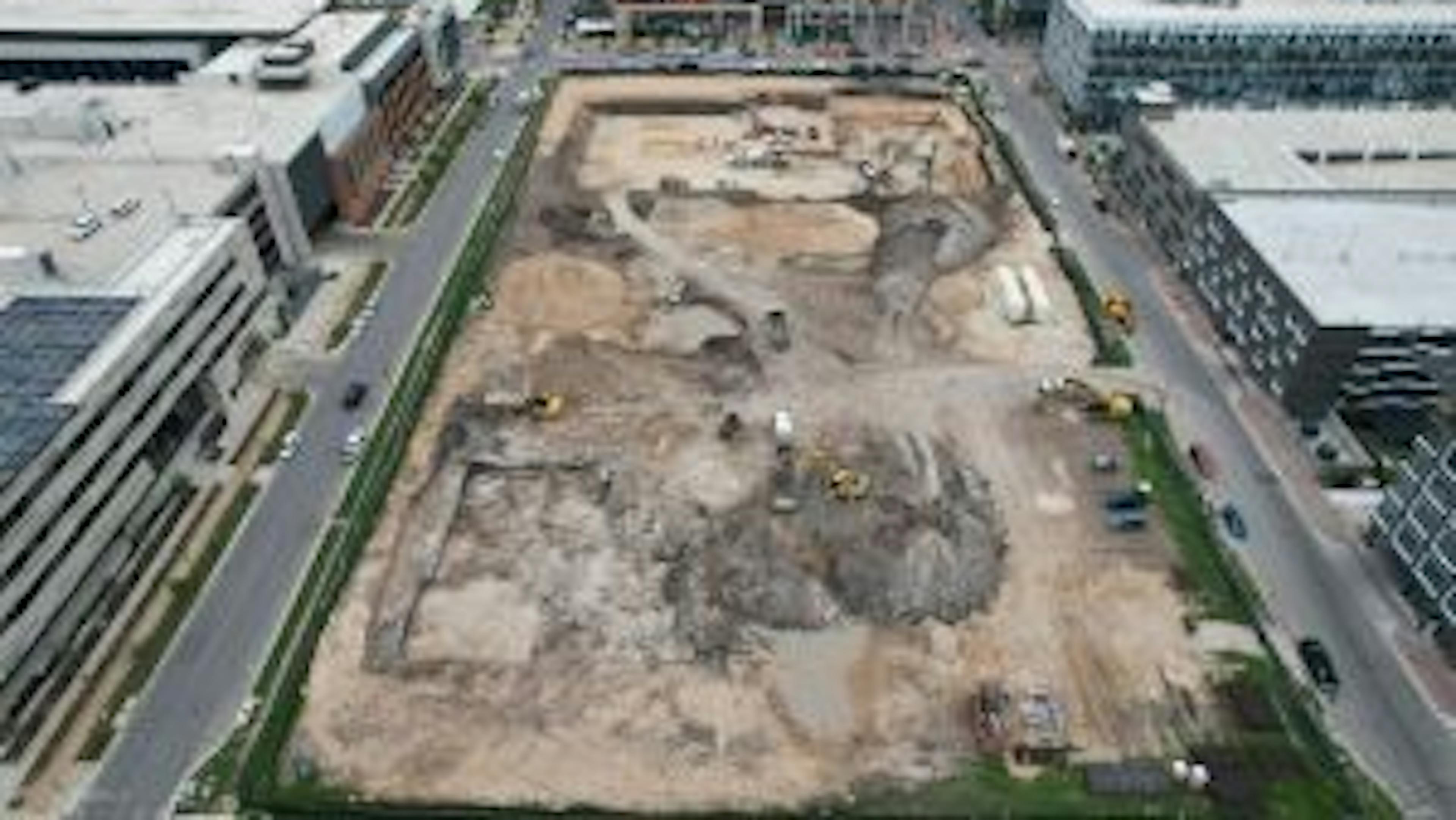 Aerial view of AMLI Park Central construction site with excavating beginning on the west garage