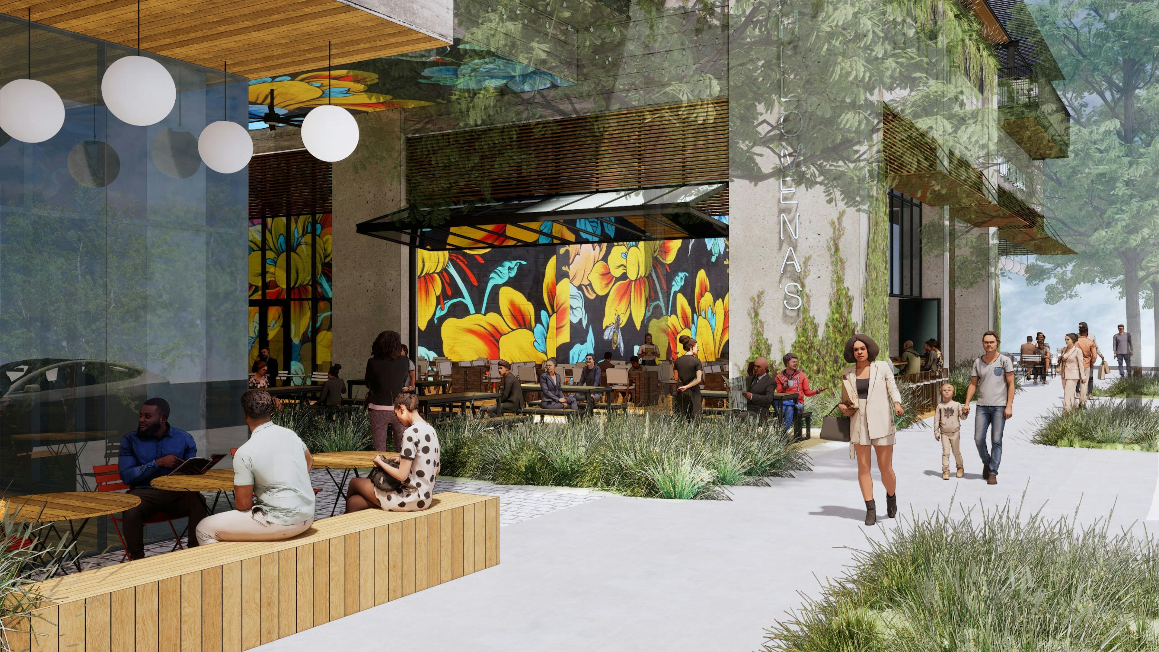 Rendering of outdoor restaurants along the sidewalk with tables and a colorful mural at AMLI Park Central apartments