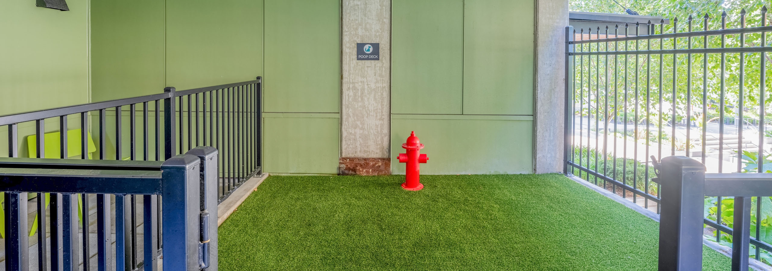 AMLI Mark24 pet park featuring small enclosed outdoor area with artificial turf, black metal fencing, a red fire hydrant and a green wall