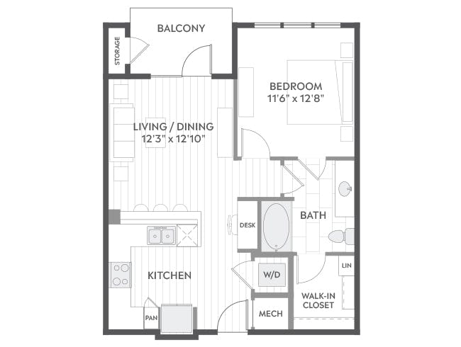 A2a floor plan, 1 Bedroom, 1 Bathroom at AMLI North Park apartments