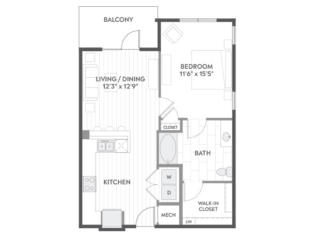 A3b floor plan, 1 Bedroom, 1 Bathroom at AMLI North Park apartments