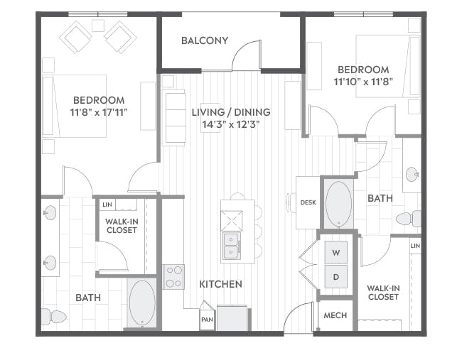 C5 floor plan, 2 Bedroom, 2 Bathroom at AMLI North Park apartments