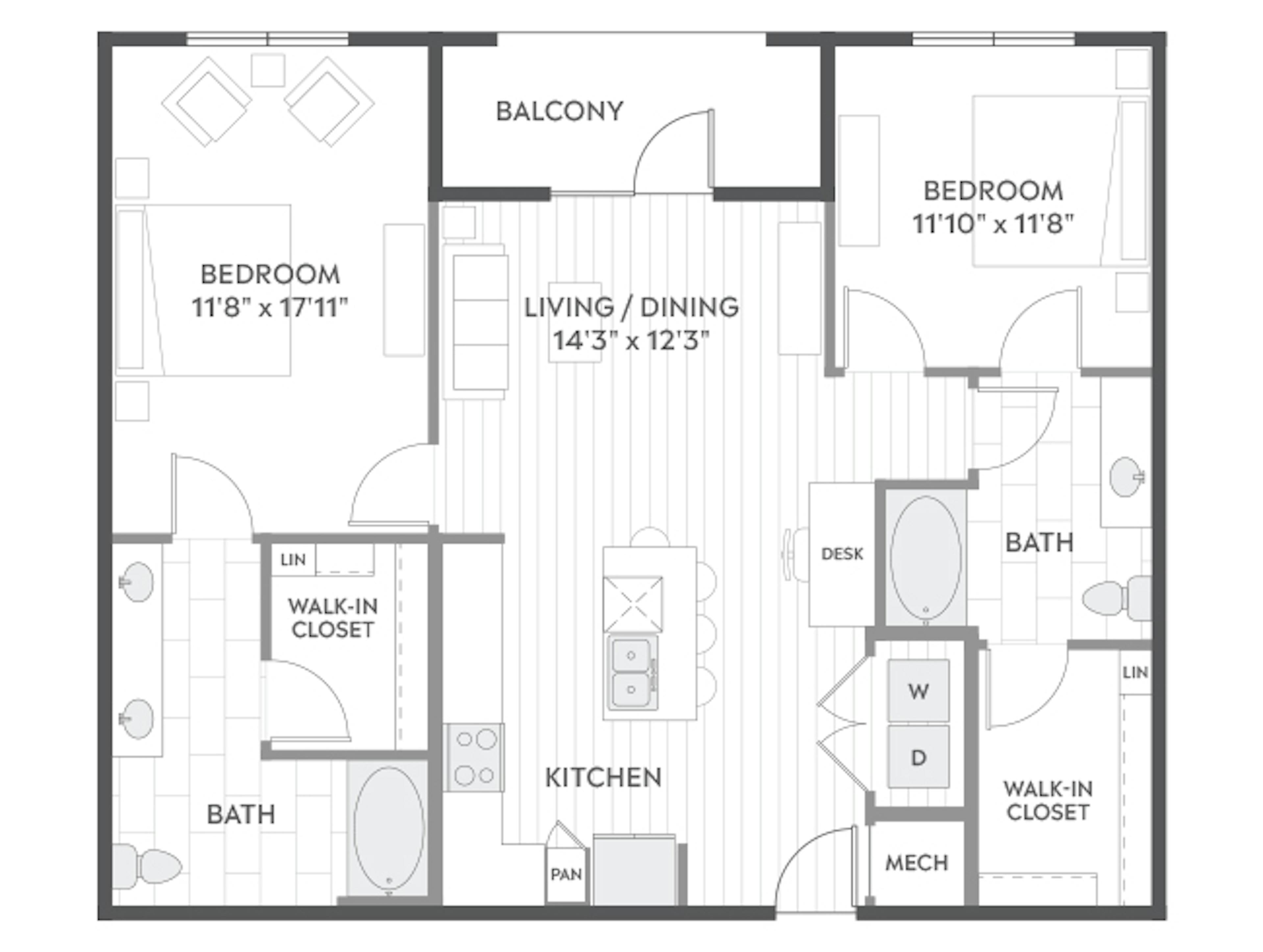 C5 floor plan, 2 Bedroom, 2 Bathroom at AMLI North Park apartments