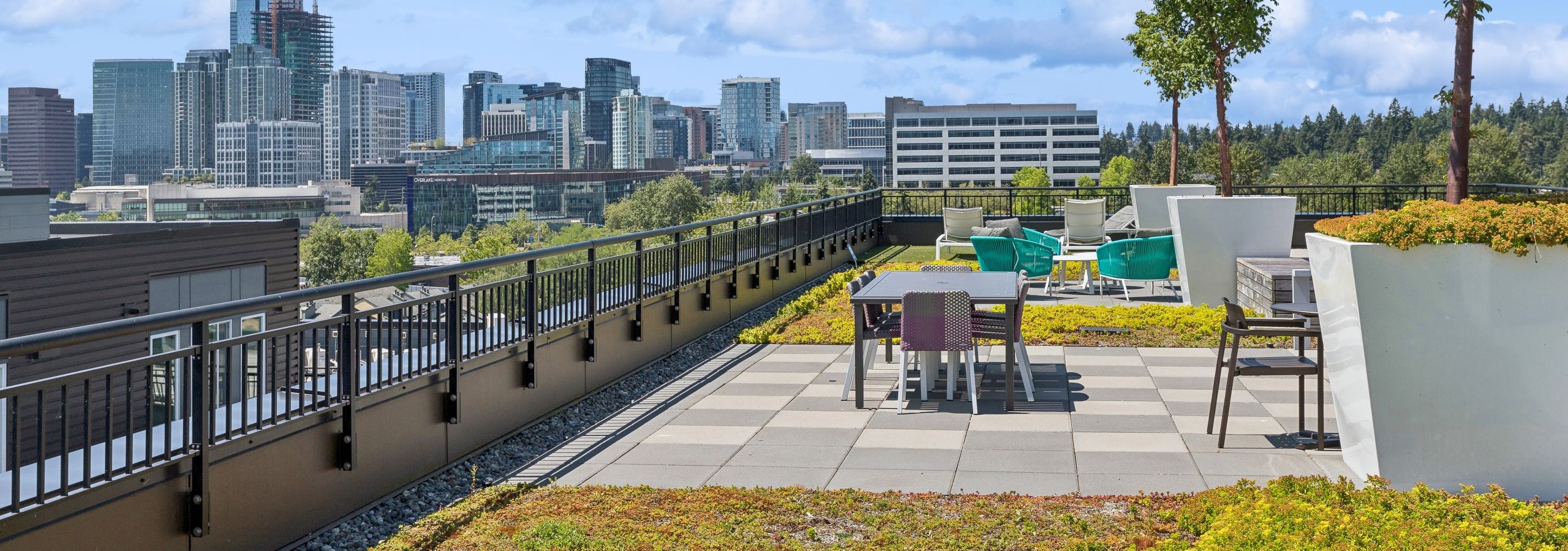 Downtown Bellevue view from the rooftop of AMLI Spring District apartments with ground cover and seating areas
