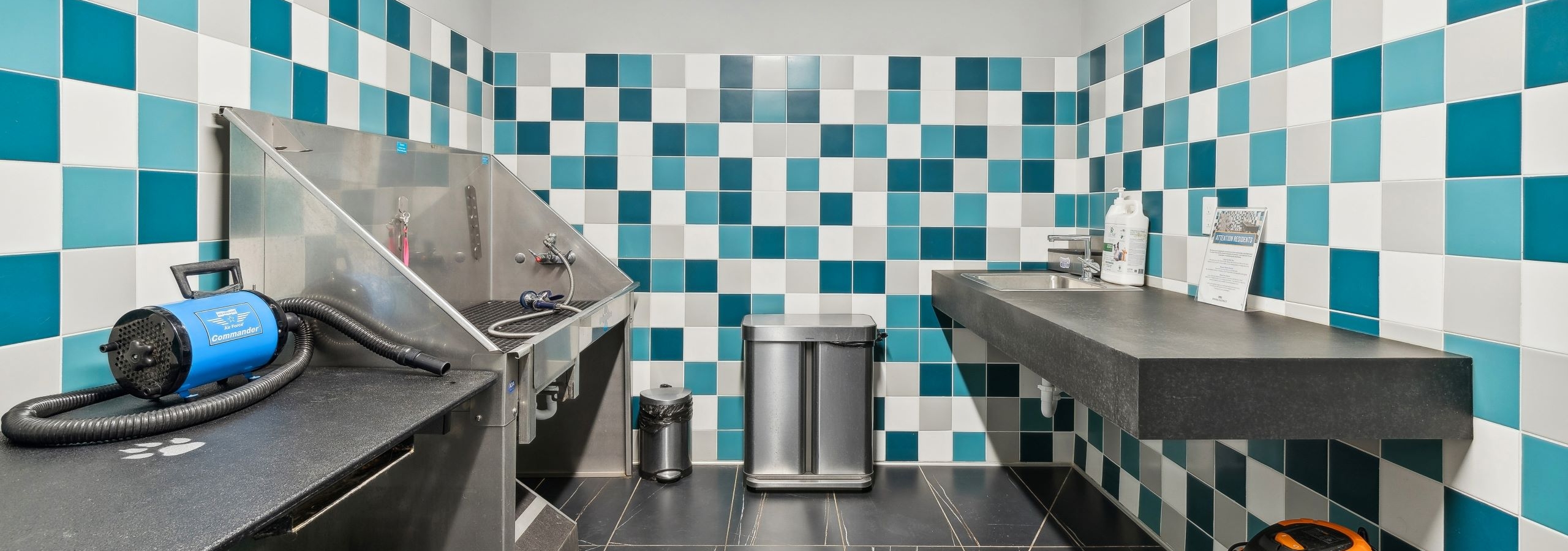 Paw wash at AMLI Spring District apartments with teal, gray and white titled walls and stainless washing station and grooming table