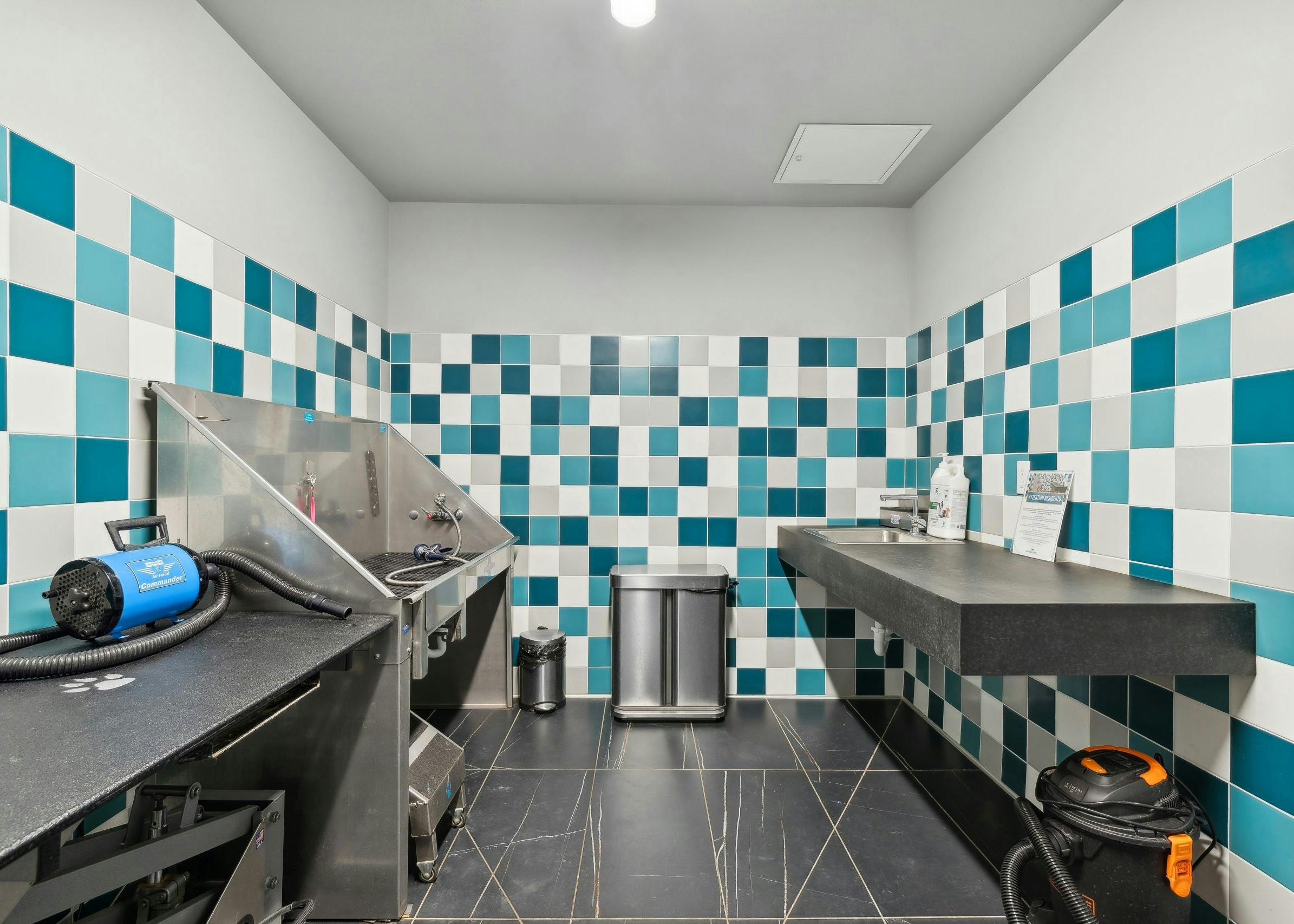 Paw wash at AMLI Spring District apartments with teal, gray and white titled walls and stainless washing station and grooming table