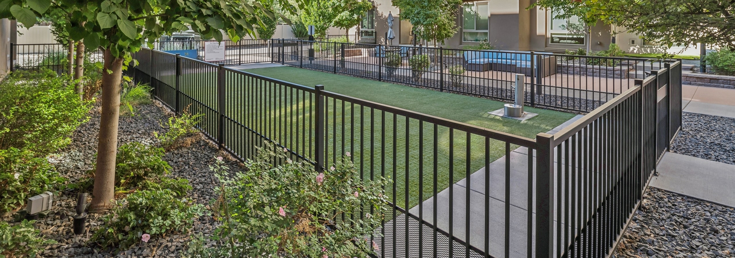 The dog park at AMLI Cherry Creek apartments with a large grassy area enclosed by a black metal fence with bushes and trees