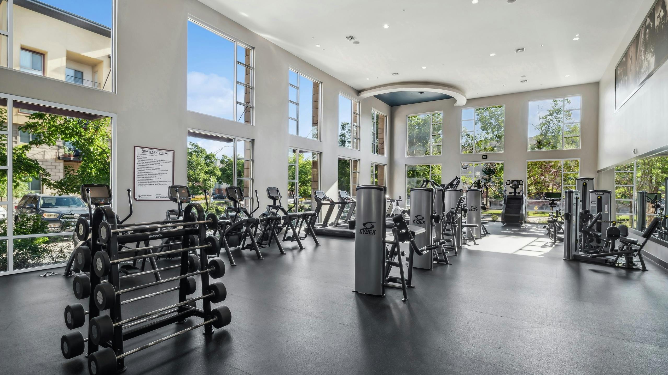 A fitness center at AMLI Cherry Creek apartments with strength training machines, weights, elliptical machines and floor to ceiling windows.