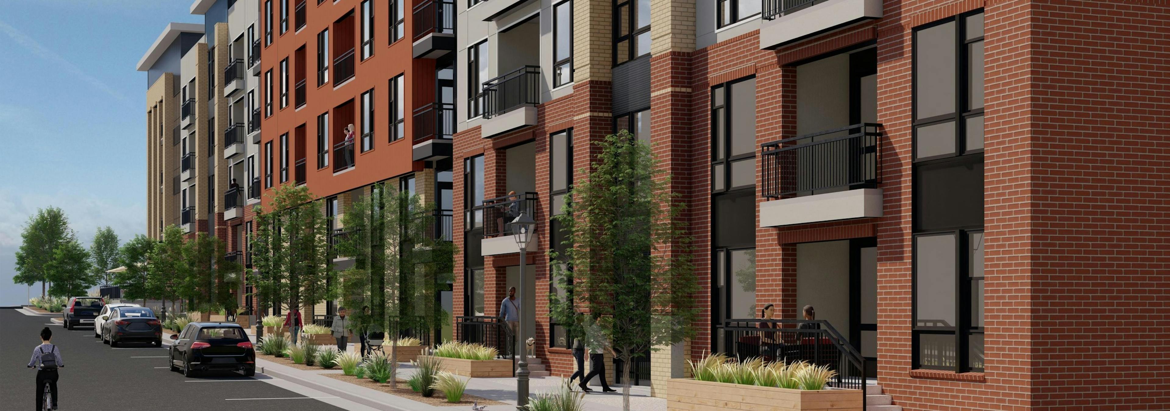 Rendering of AMLI Village Park apartment building with red and tan brick and pre-cast façade with people walking along a tree lined street