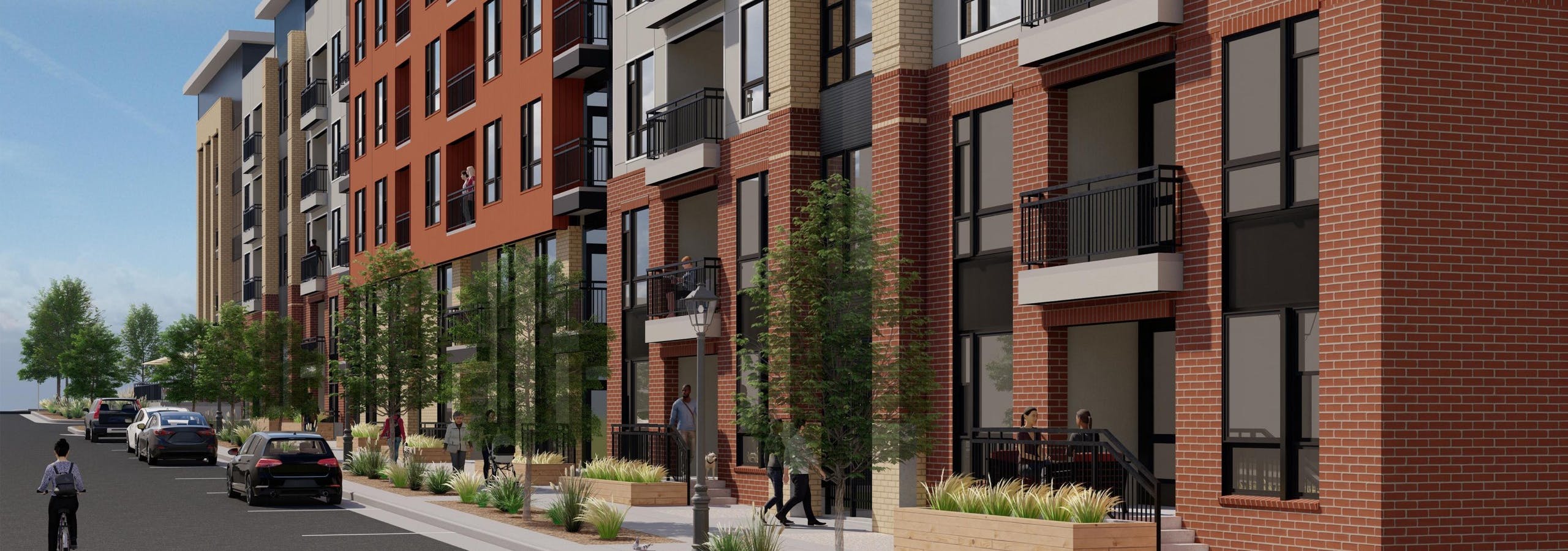 Rendering of AMLI Village Park apartment building with red and tan brick and pre-cast façade with people walking along a tree lined street