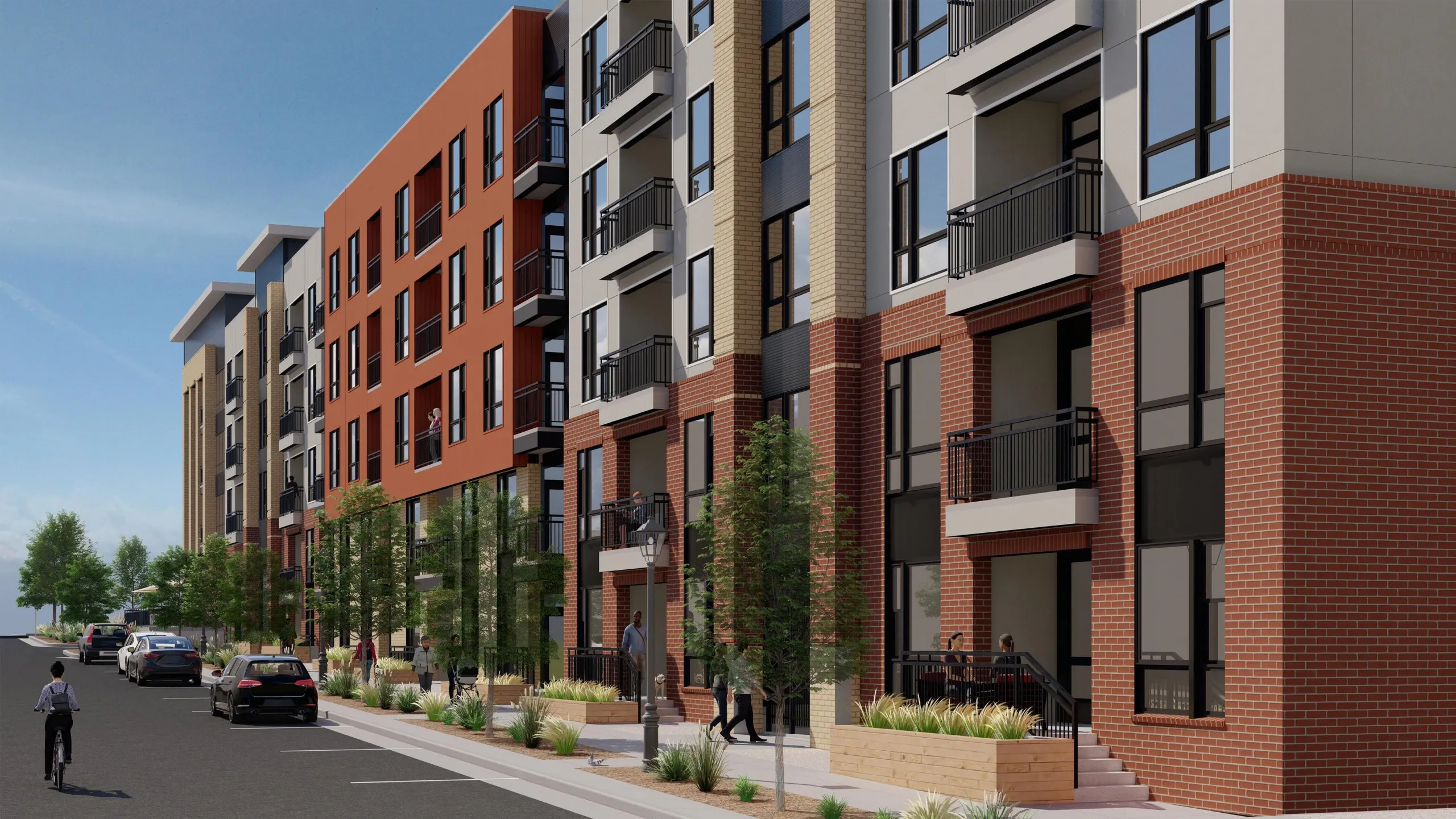 Rendering of AMLI Village Park apartment building with red and tan brick and pre-cast façade with people walking along a tree lined street