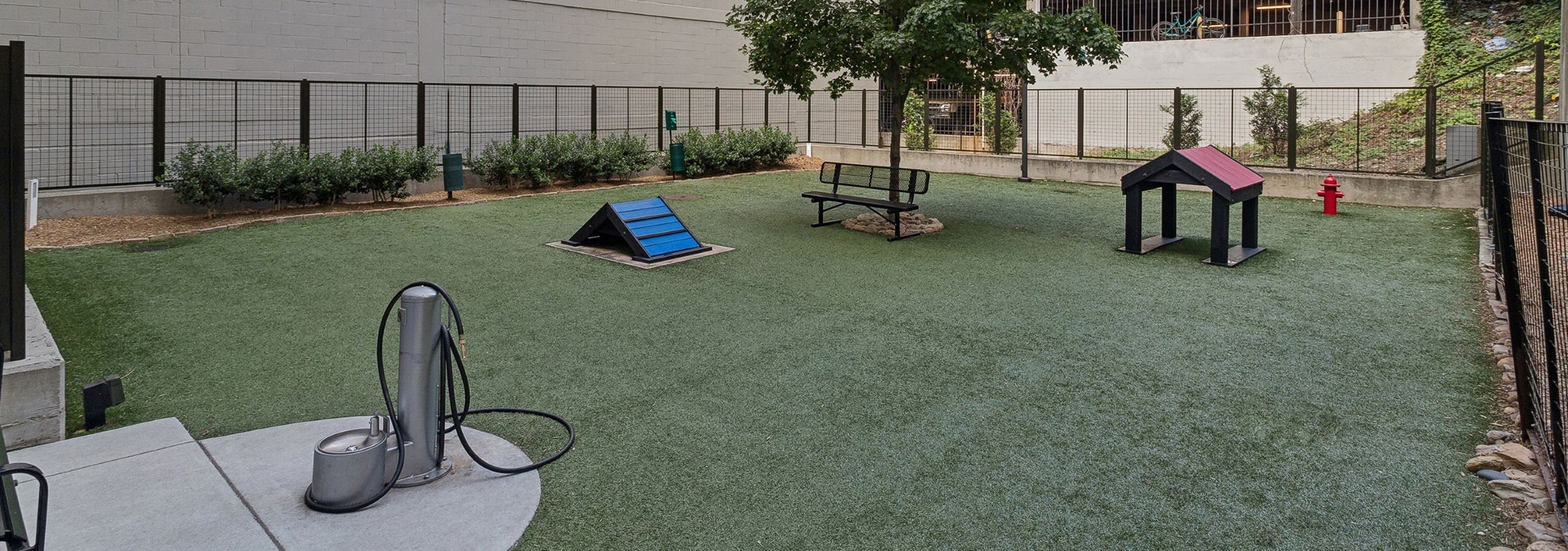 View of an outdoor dog park at AMLI Arts Center with artificial grass and agility equipment including a ramp, bench, small house and tree
