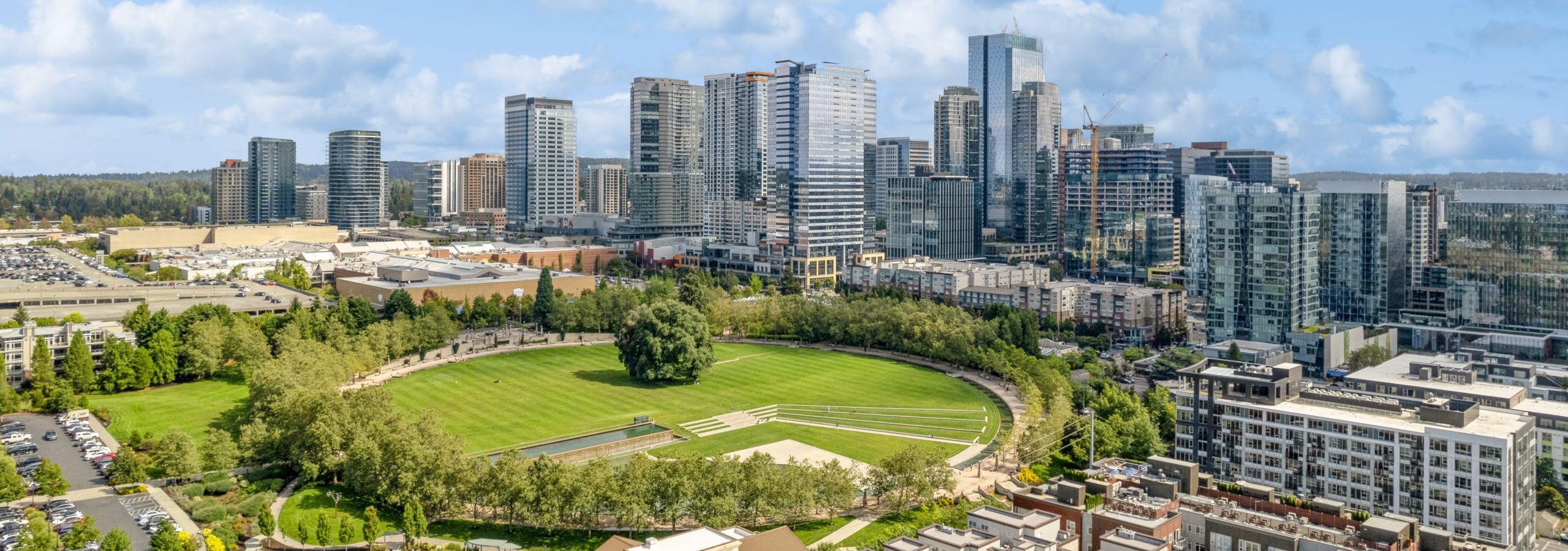 Aerial view of Downtown Bellevue Park and neighborhood surrounding AMLI Bellevue Park apartments with skyline in distance