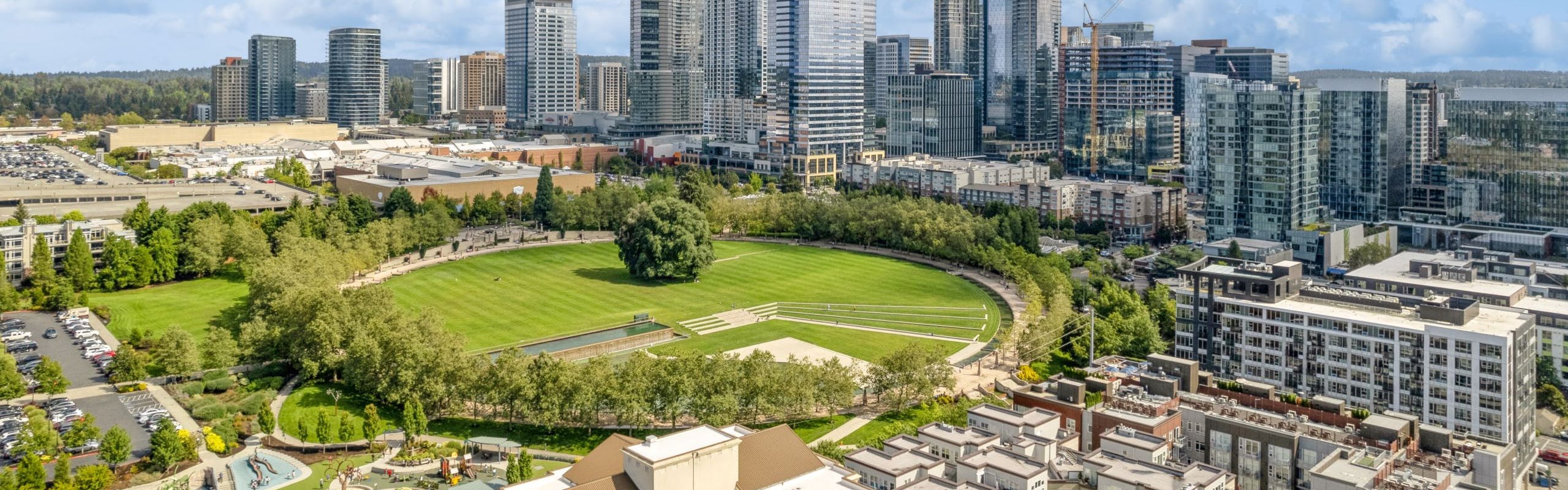 Aerial view of Downtown Bellevue Park and neighborhood surrounding AMLI Bellevue Park apartments with skyline in distance