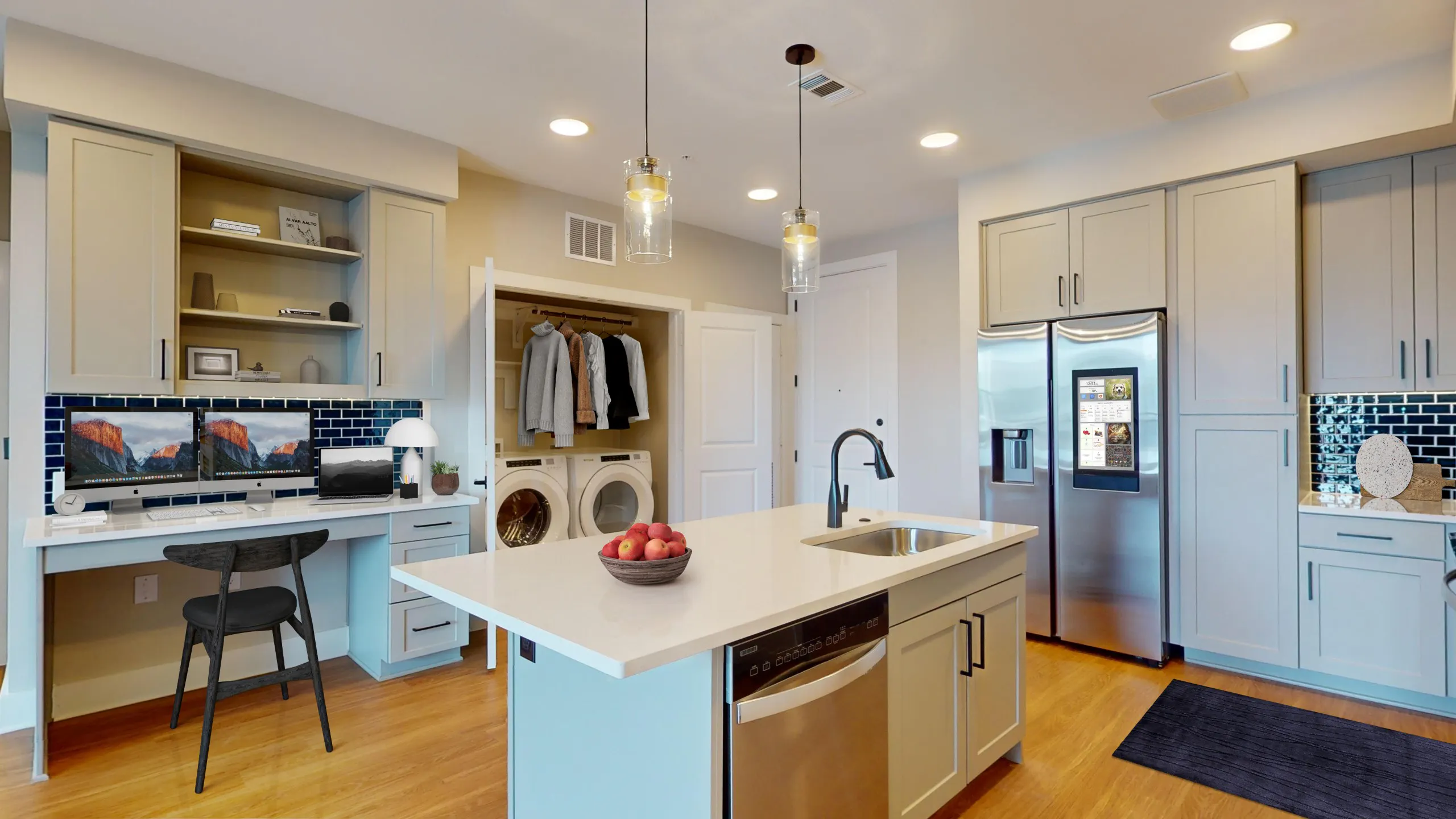 AMLI North Park kitchen with a built in desk, gray cabinets and stainless steel appliances including a smart refrigerator