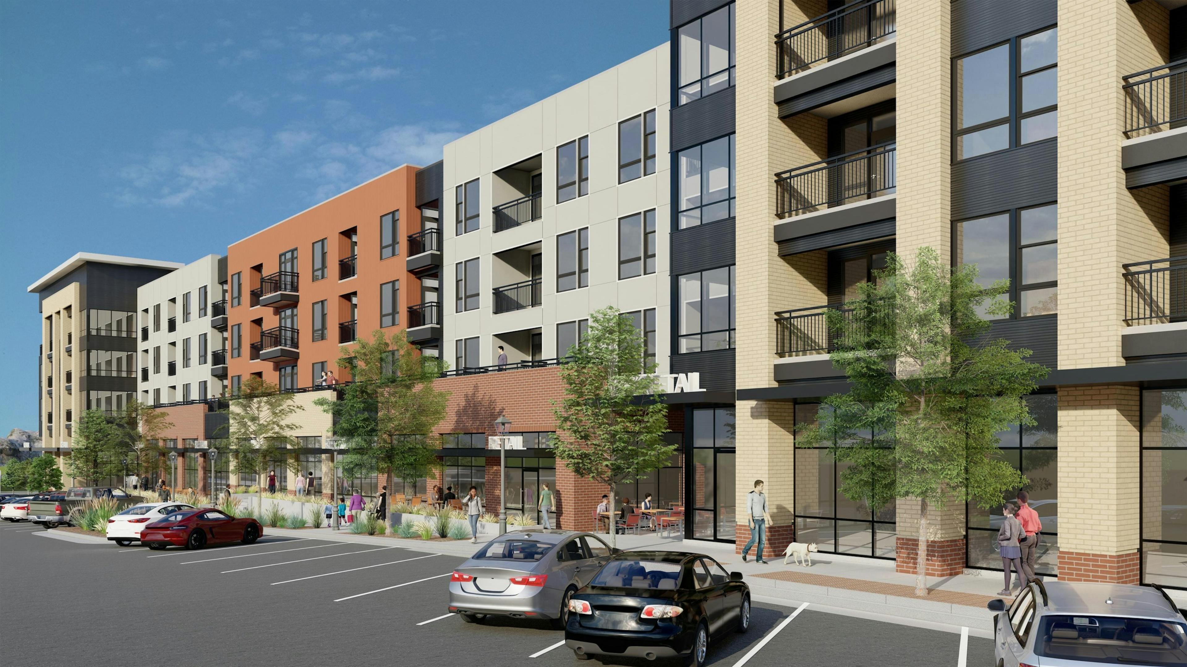 Rendering of AMLI Village Park apartments with red and tan façade with retail storefronts on ground floor and people on tree lined sidewalk