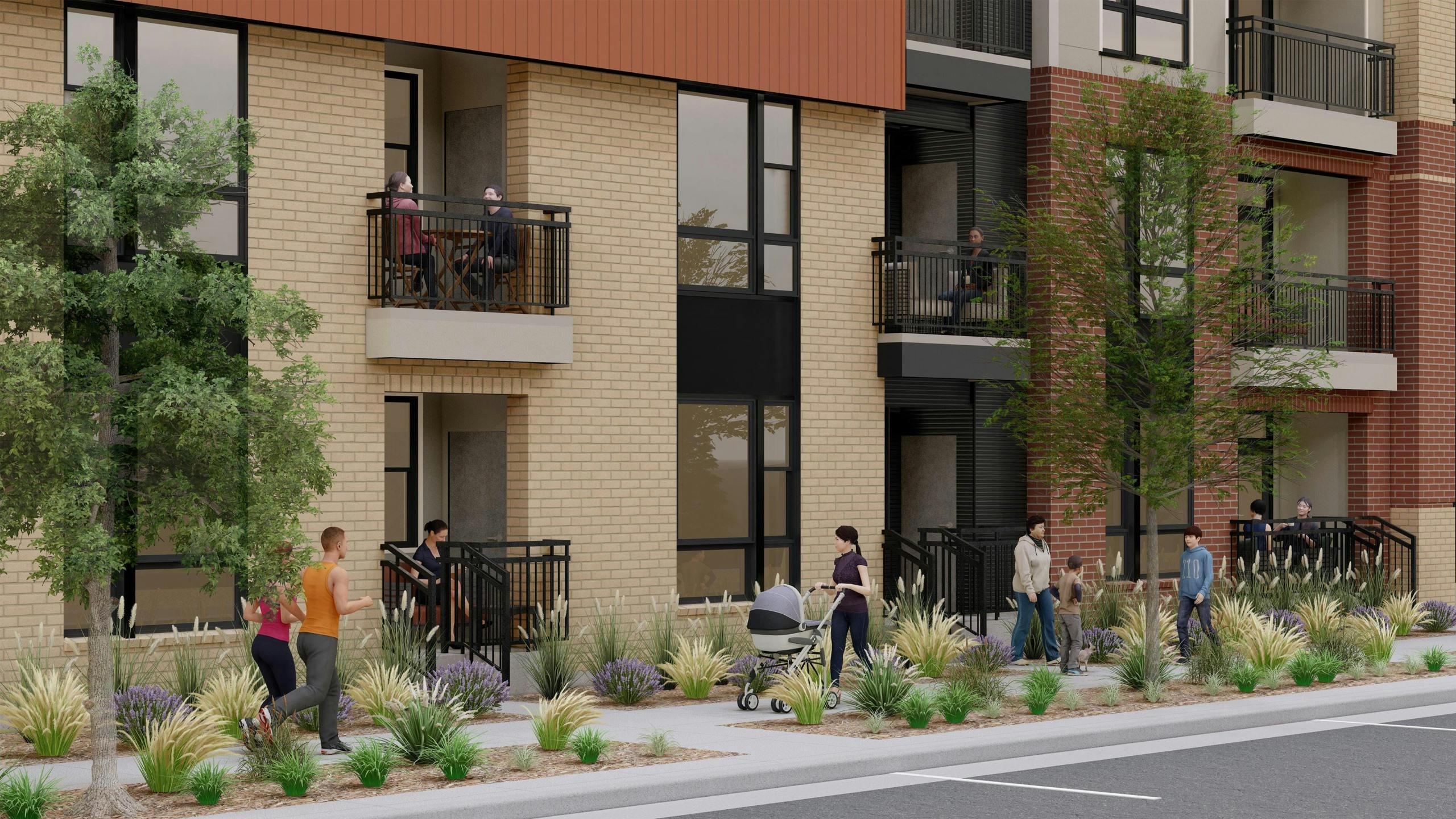AMLI Village Park apartment building rendering with red and tan brick façade with balconies and people walking along landscape sidewalk