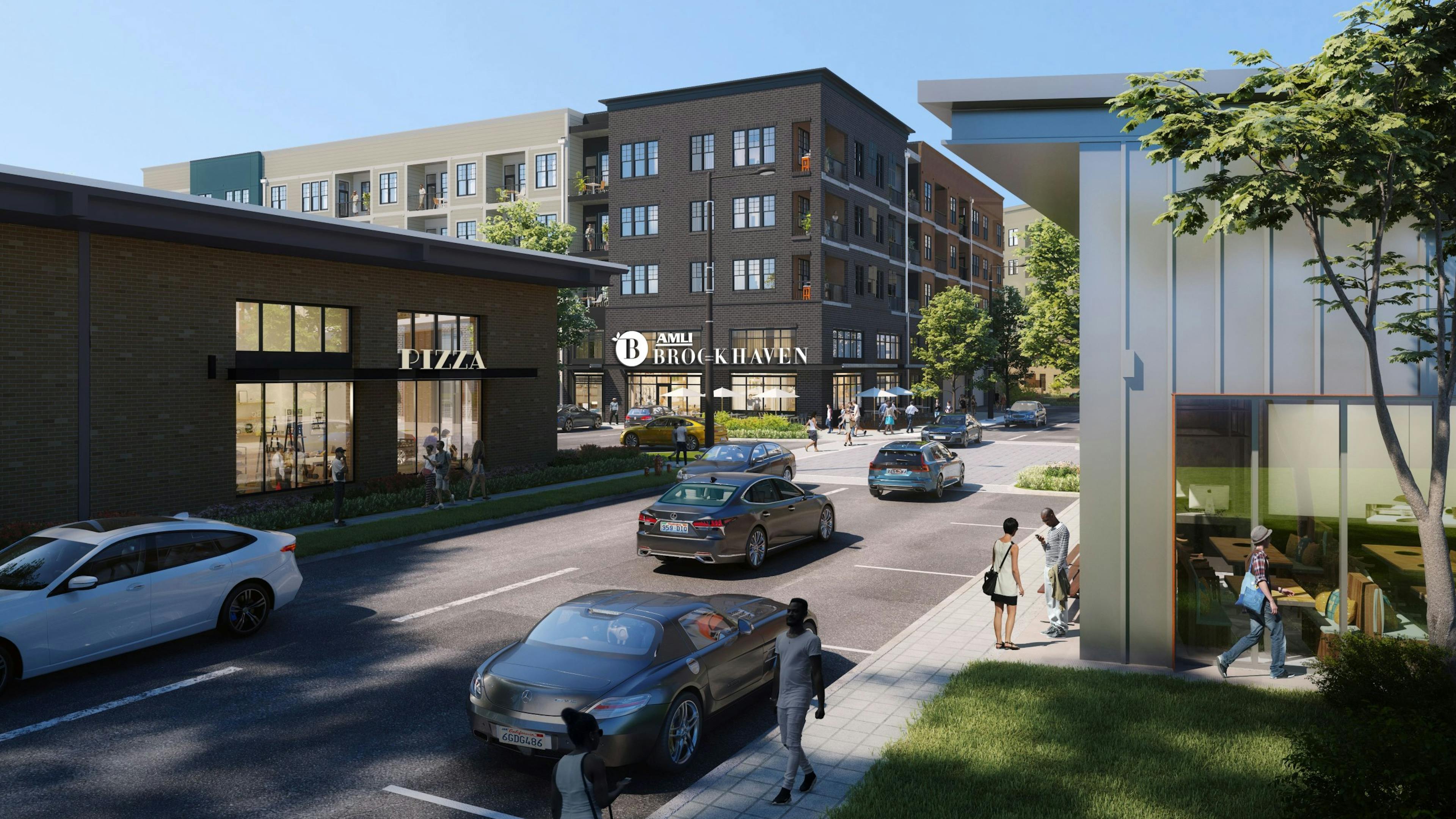 Rendering of AMLI Brookhaven apartment building and surrounding retail area with people and cars