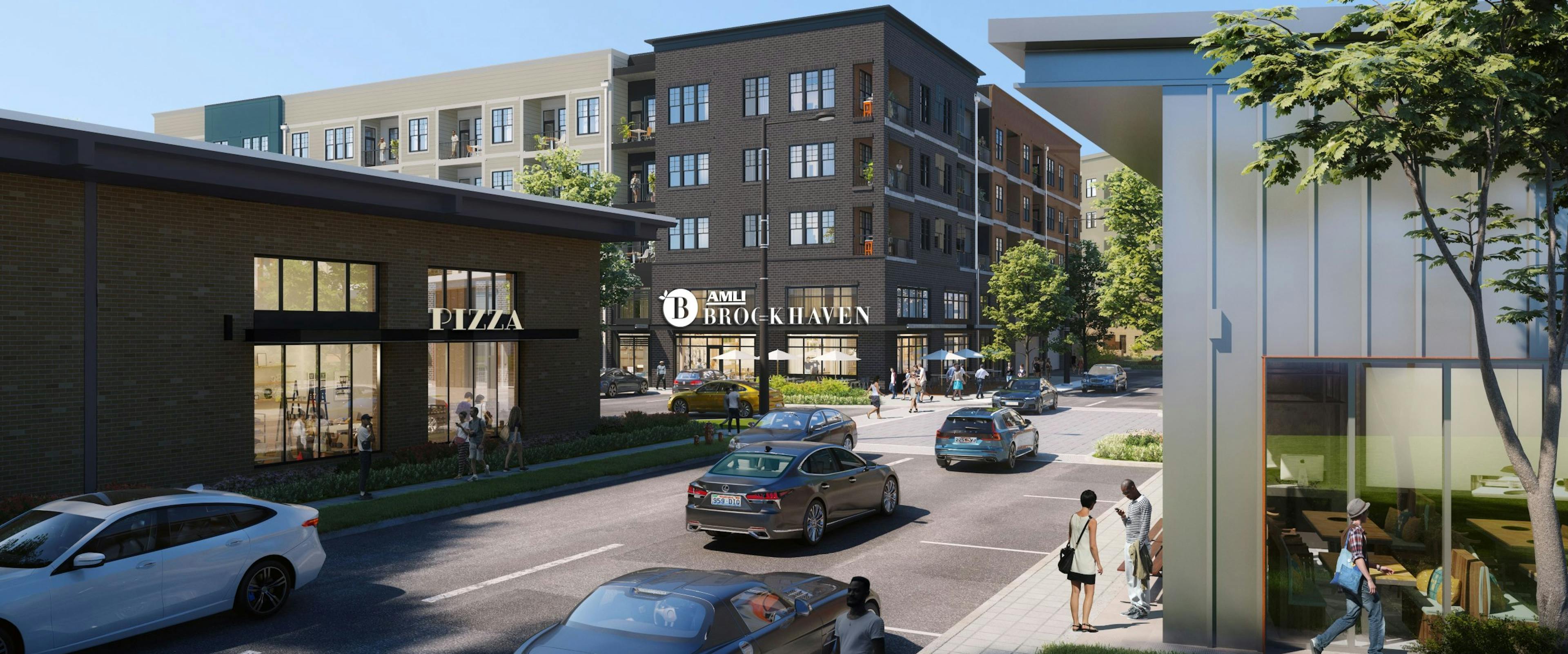 Rendering of AMLI Brookhaven apartment building and surrounding retail area with people and cars