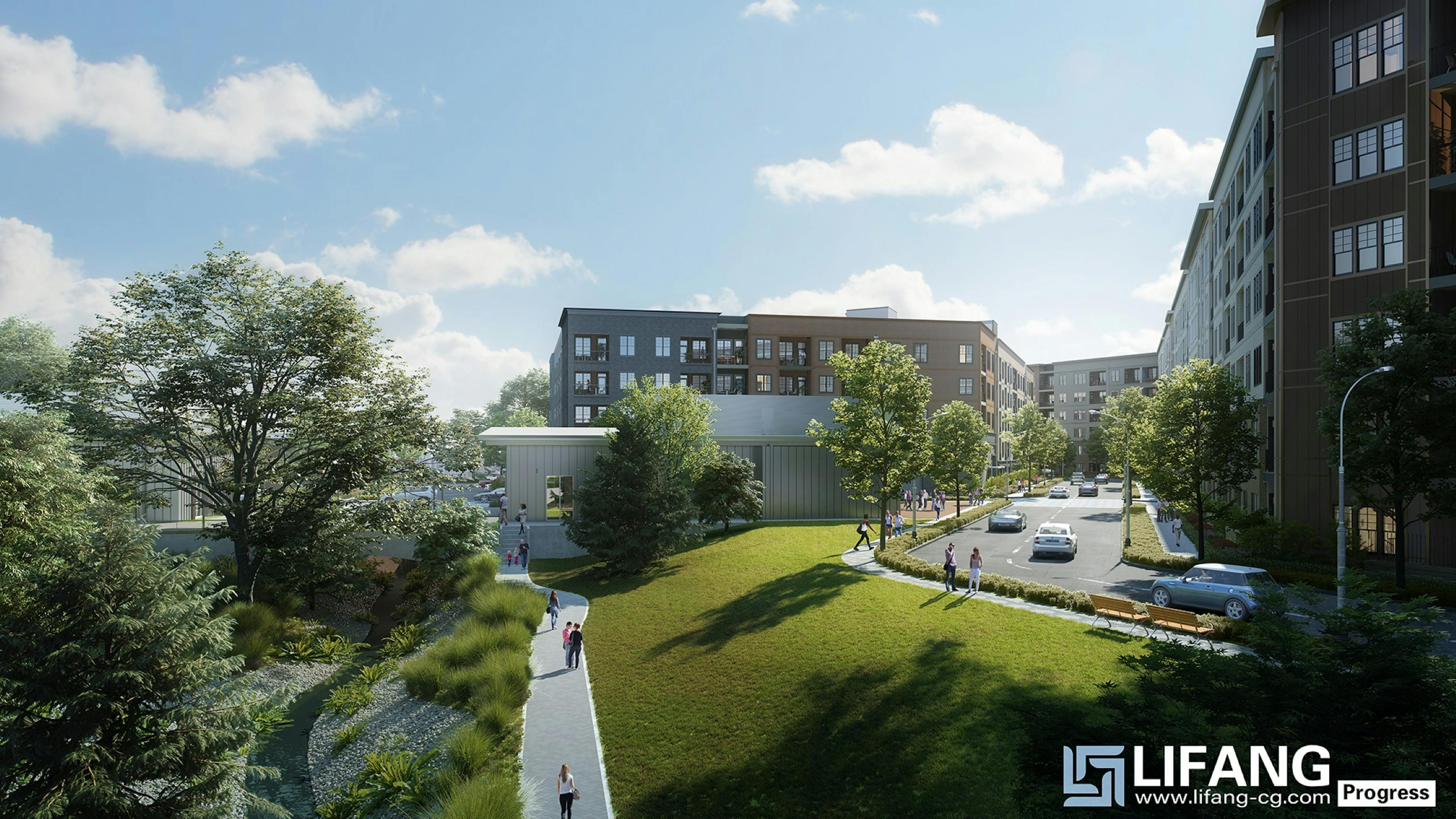 Rendering of AMLI Brookhaven apartment buildings with trees and greenspace with people walking along paths