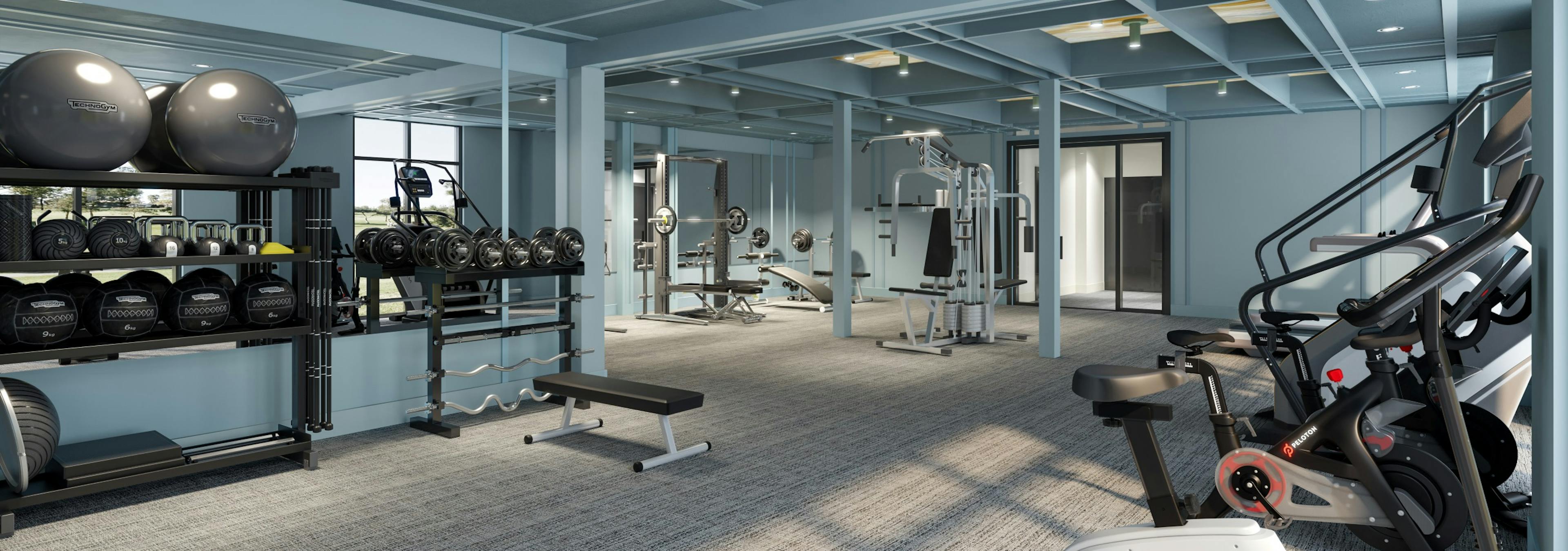 Rendering of fitness center at AMLI Old 4th Ward apartments with mirror walls, cardio equipment, free weights, and strength training equipment.