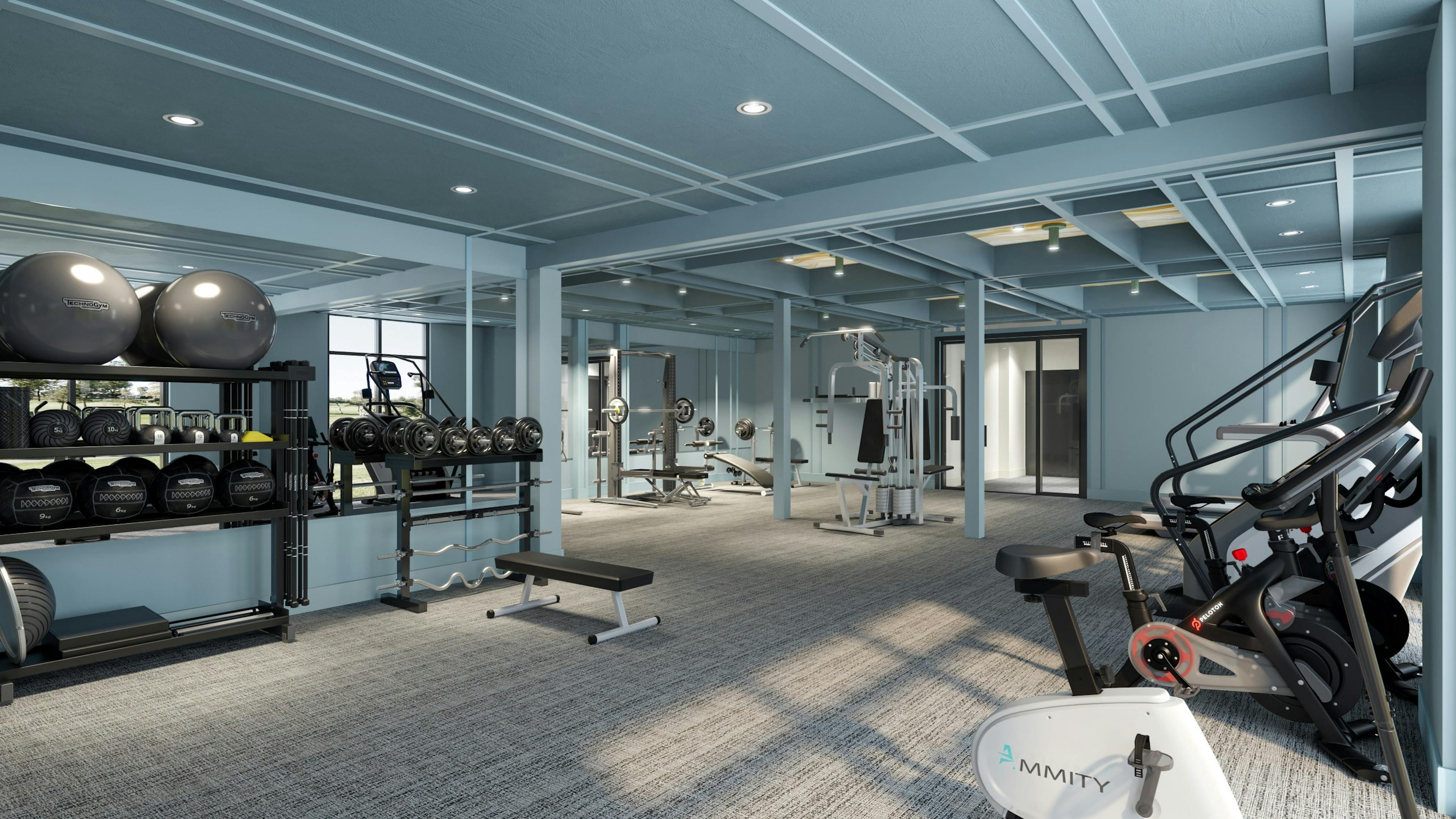 Rendering of fitness center at AMLI Old 4th Ward apartments with mirror walls, cardio equipment, free weights, and strength training equipment.