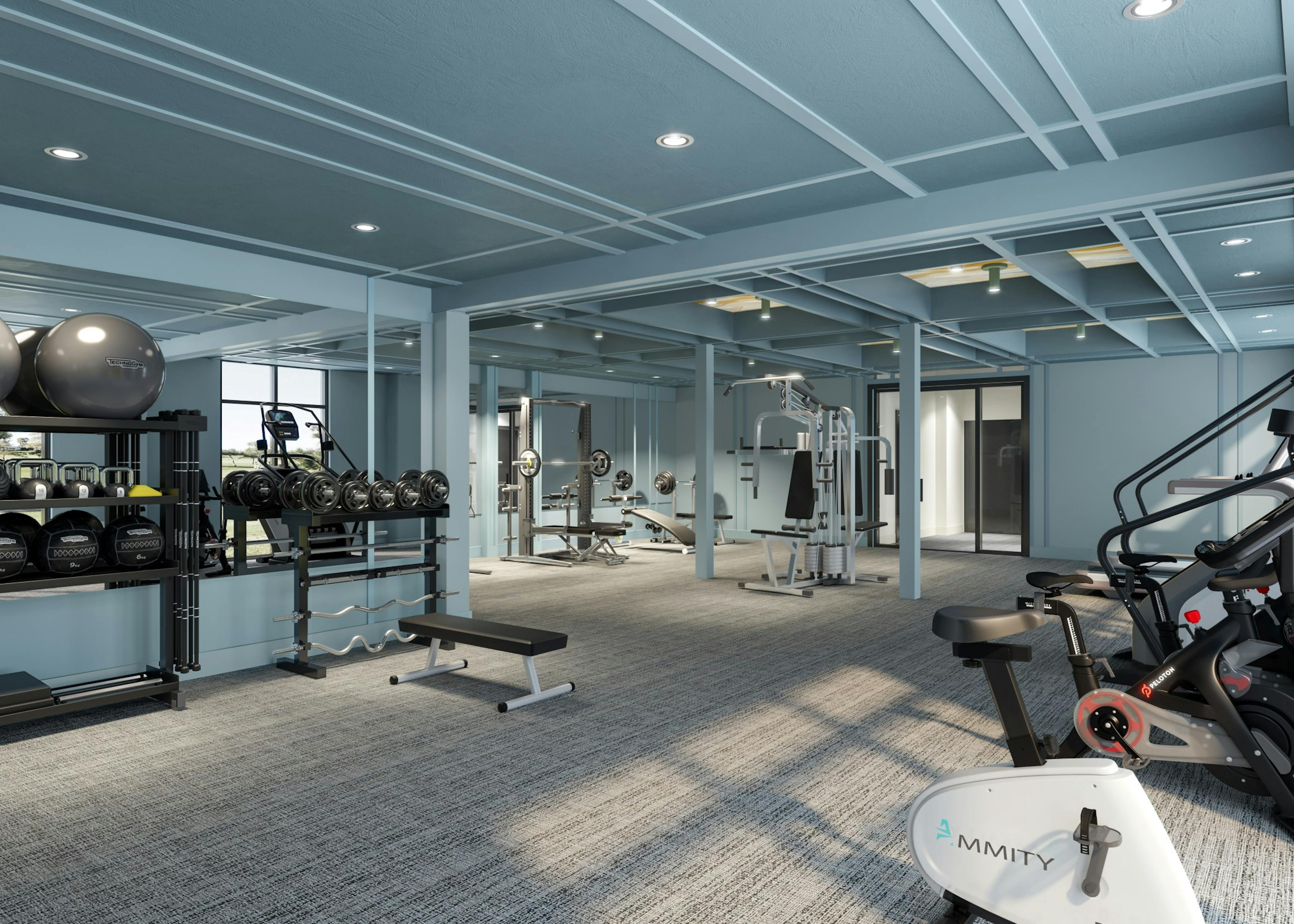 Rendering of fitness center at AMLI Old 4th Ward apartments with mirror walls, cardio equipment, free weights, and strength training equipment.