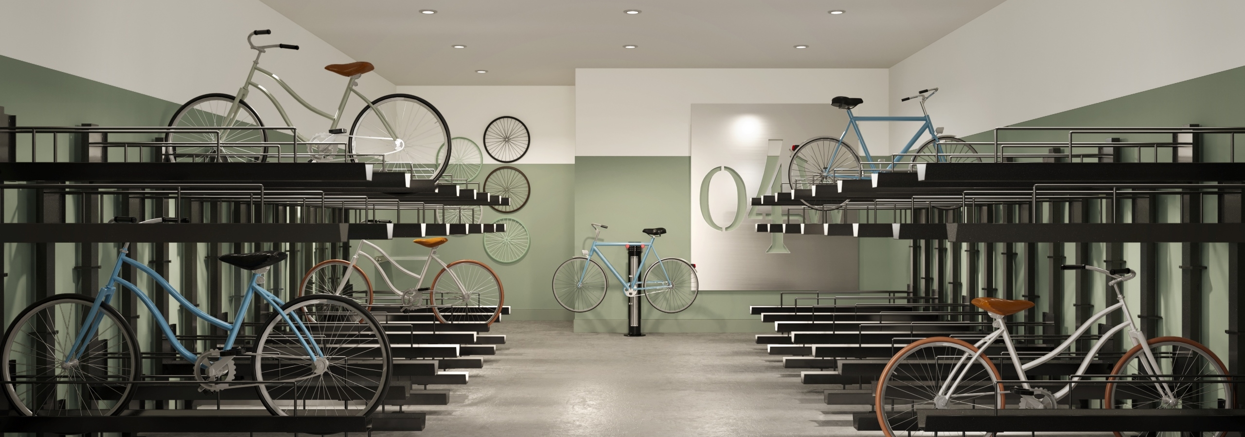 Rendering of AMLI Old 4th Ward bike room with two levels of metal bike racks, green and white walls, a concrete floor and a metal sign.