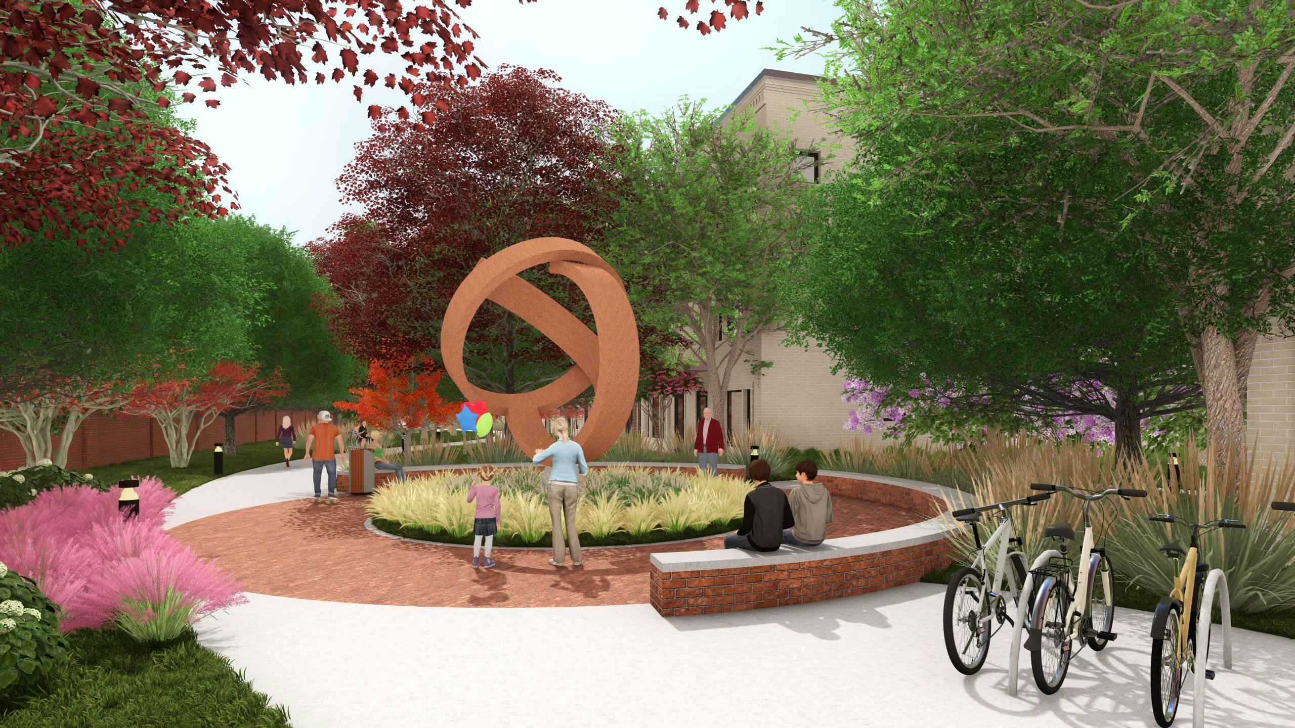 Rendering of a lively scene at AMLI Treehouse apartments with people enjoying a large, abstract, orange sculpture surrounded by lush trees.