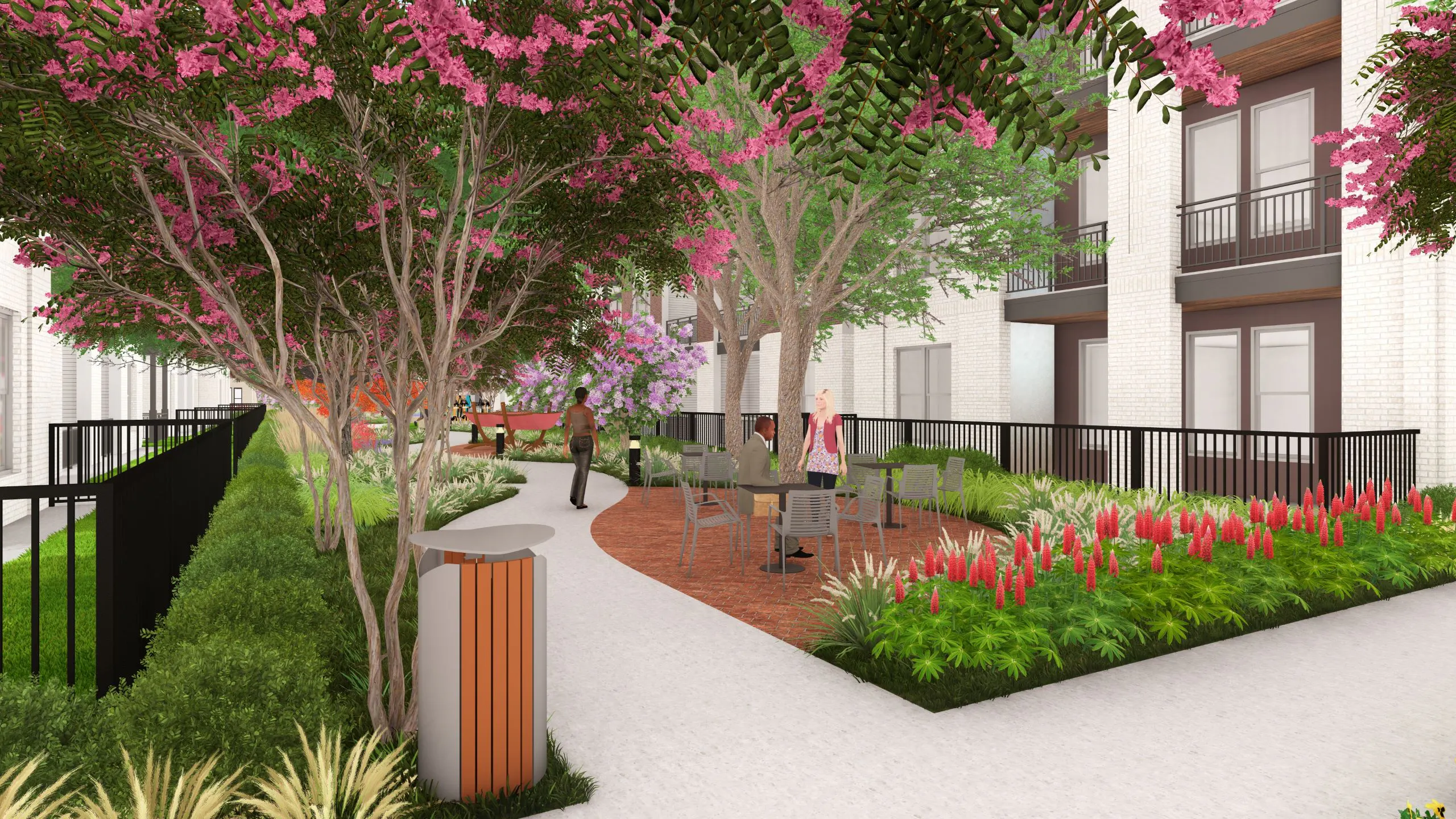 Rendering of a peaceful courtyard with people sitting at tables at AMLI Treehouse with lush greenery and pink flowering trees.
