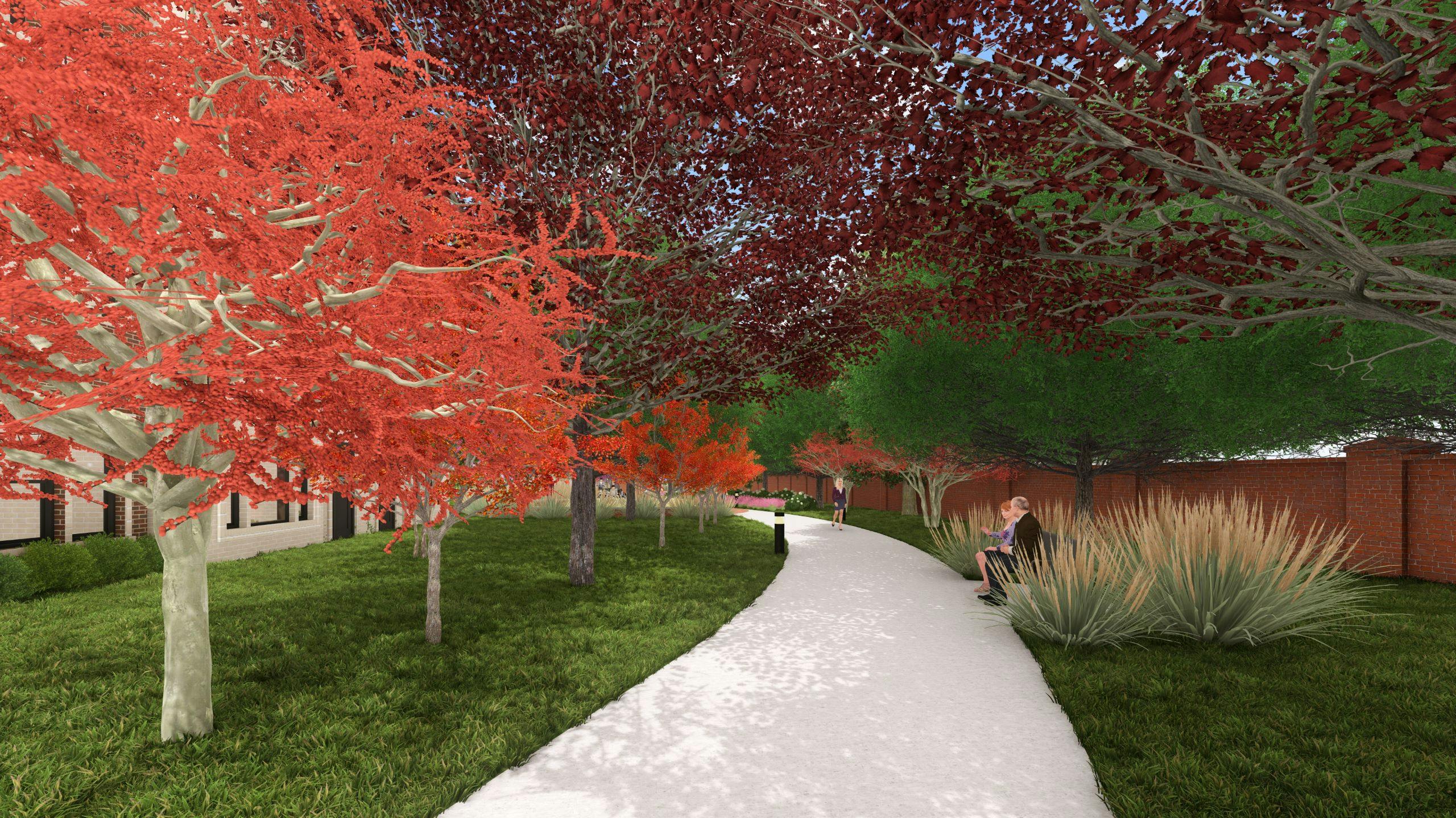 Rendering of a concrete path, an extension of the Redding Trail, lined with grass and red leaved and lush green trees.