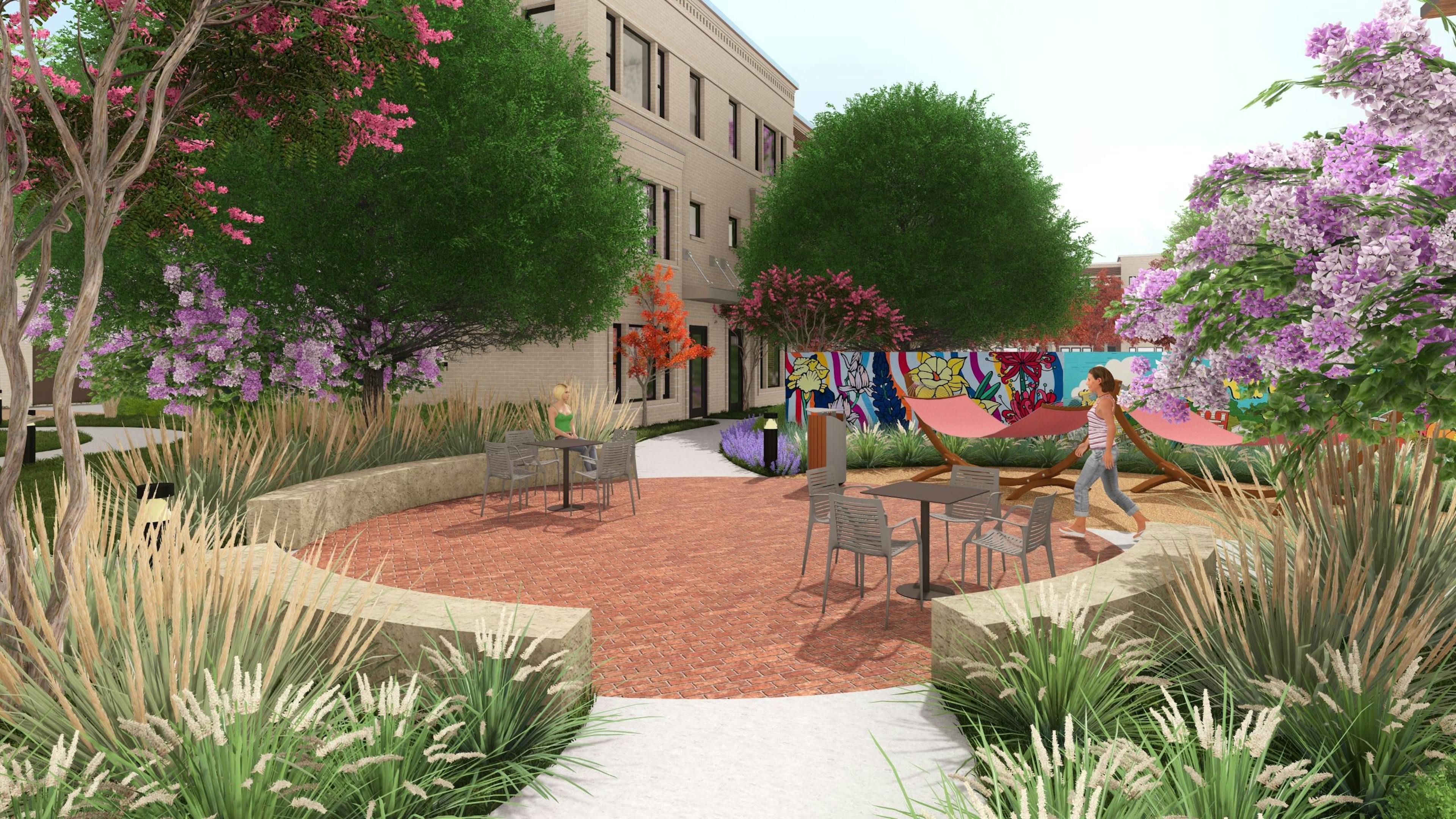 Rendering of a plaza at AMLI Treehouse surrounded by trees and colorful flowers, a mural wall, a few people and metal tables and chairs.