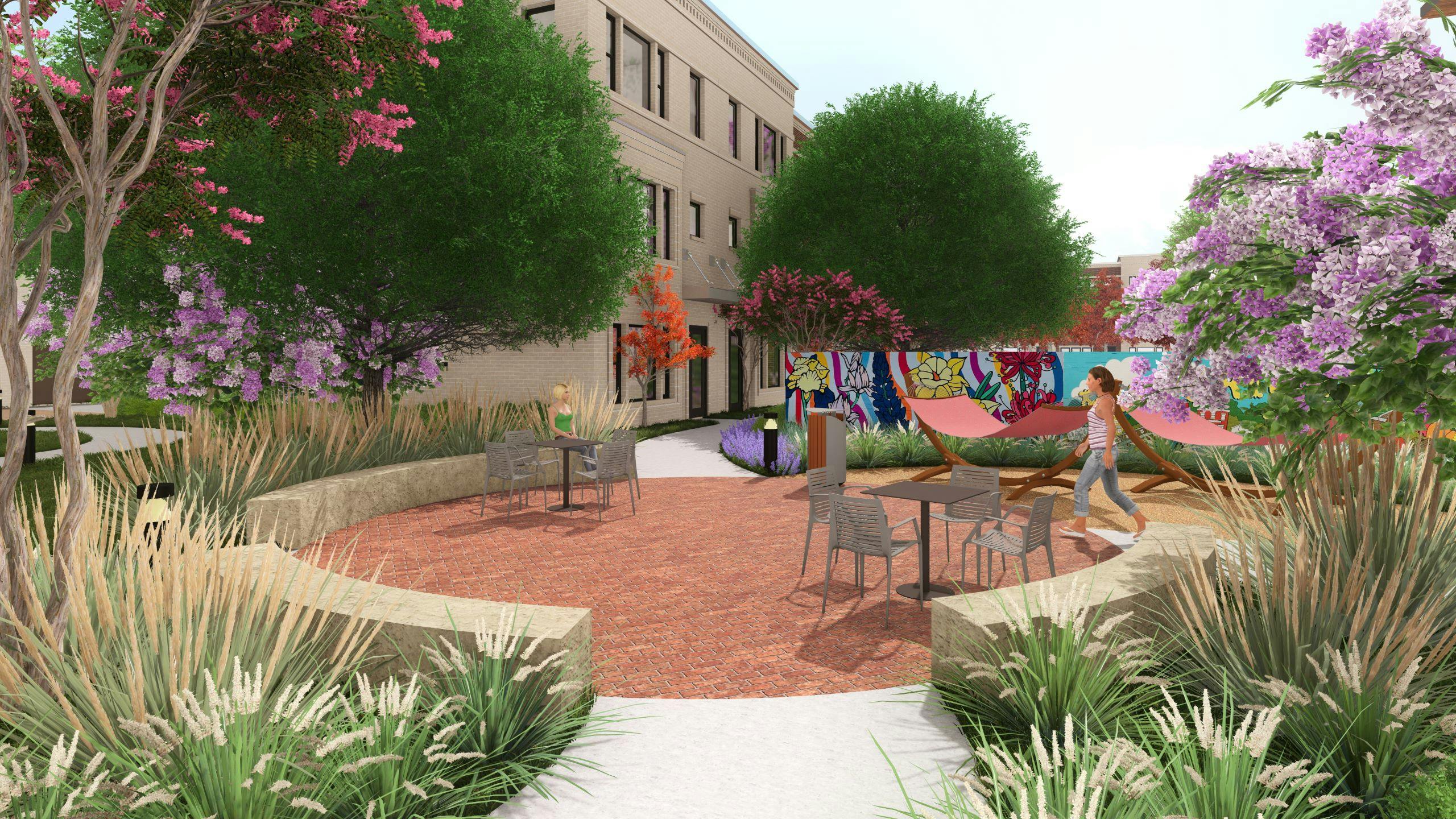 Rendering of a plaza at AMLI Treehouse surrounded by trees and colorful flowers, a mural wall, a few people and metal tables and chairs.