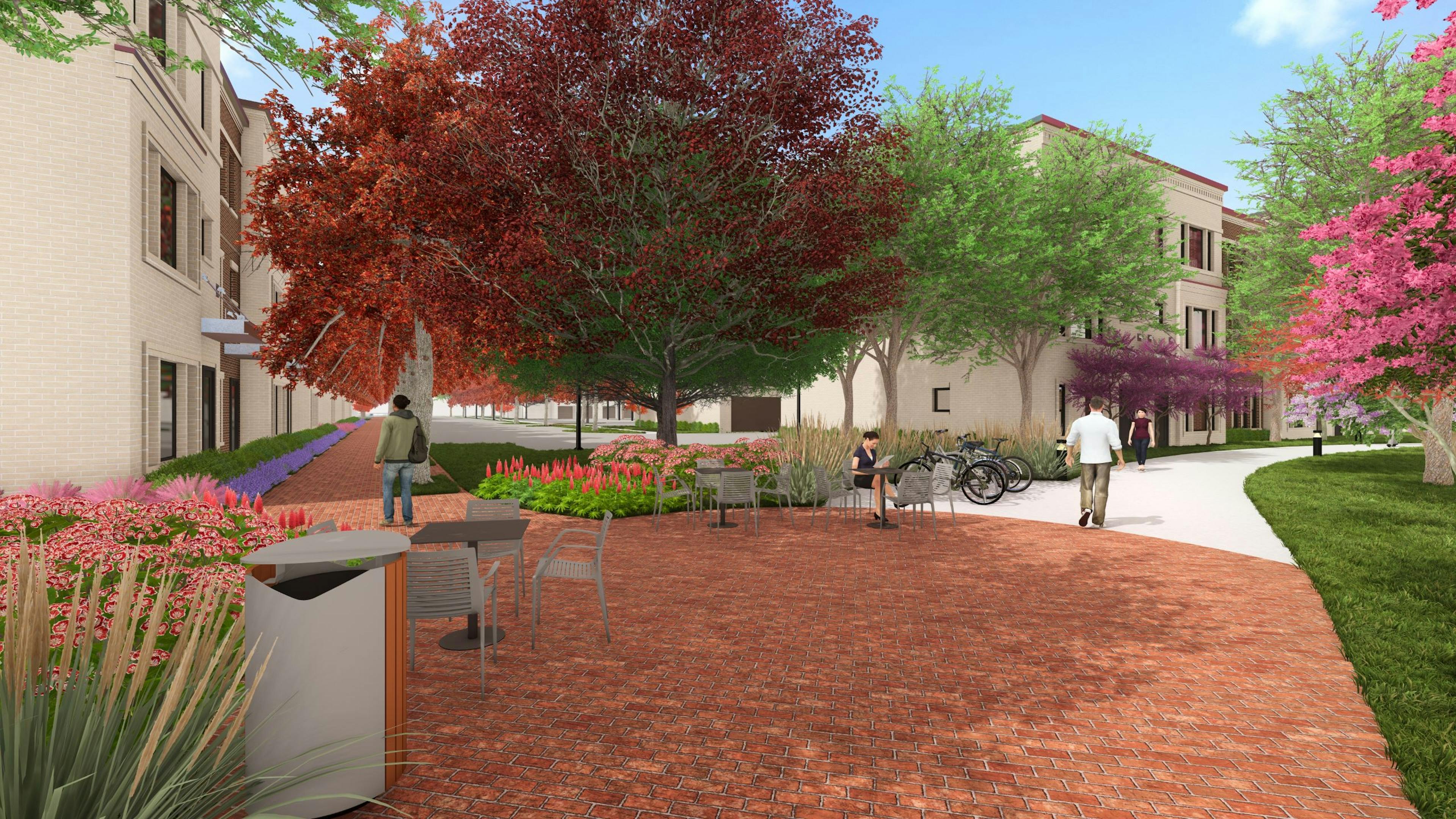 AMLI Treehouse gathering plaza rendering with red brick pavers, tables and chairs, lush green and red trees, and people sitting and walking.