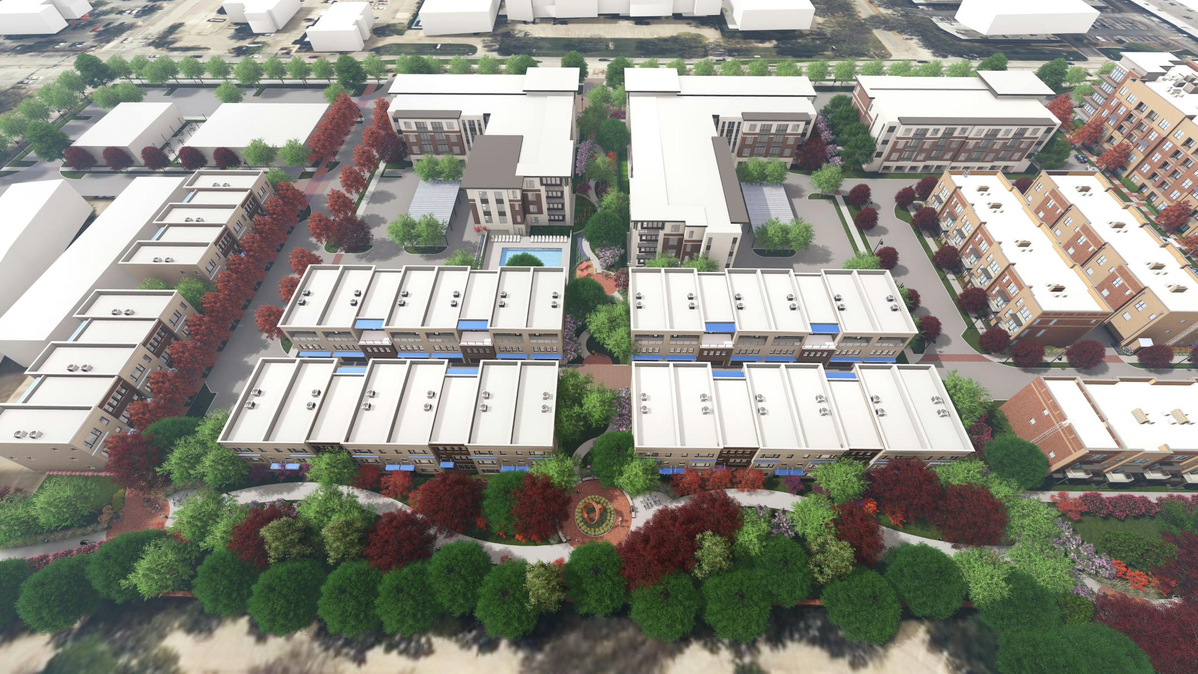 Close up aerial rendering of AMLI Treehouse with apartment and townhome buildings amidst lush trees and landscaped paths.