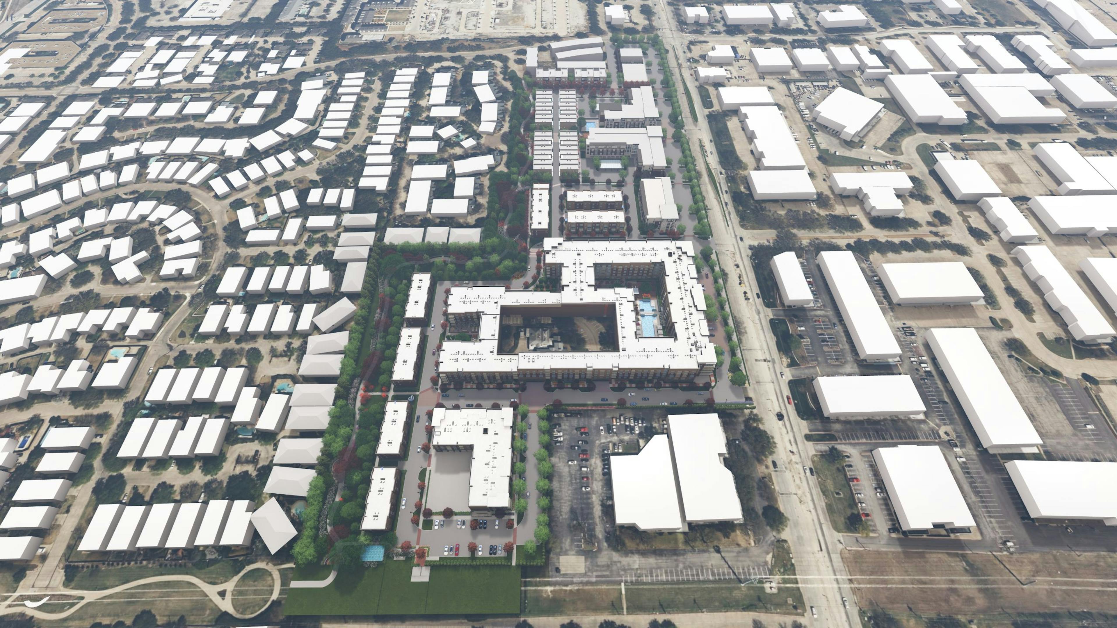 An aerial rendering showcasing white roofed apartment buildings at AMLI Treehouse, surrounded by other white non descript buildings